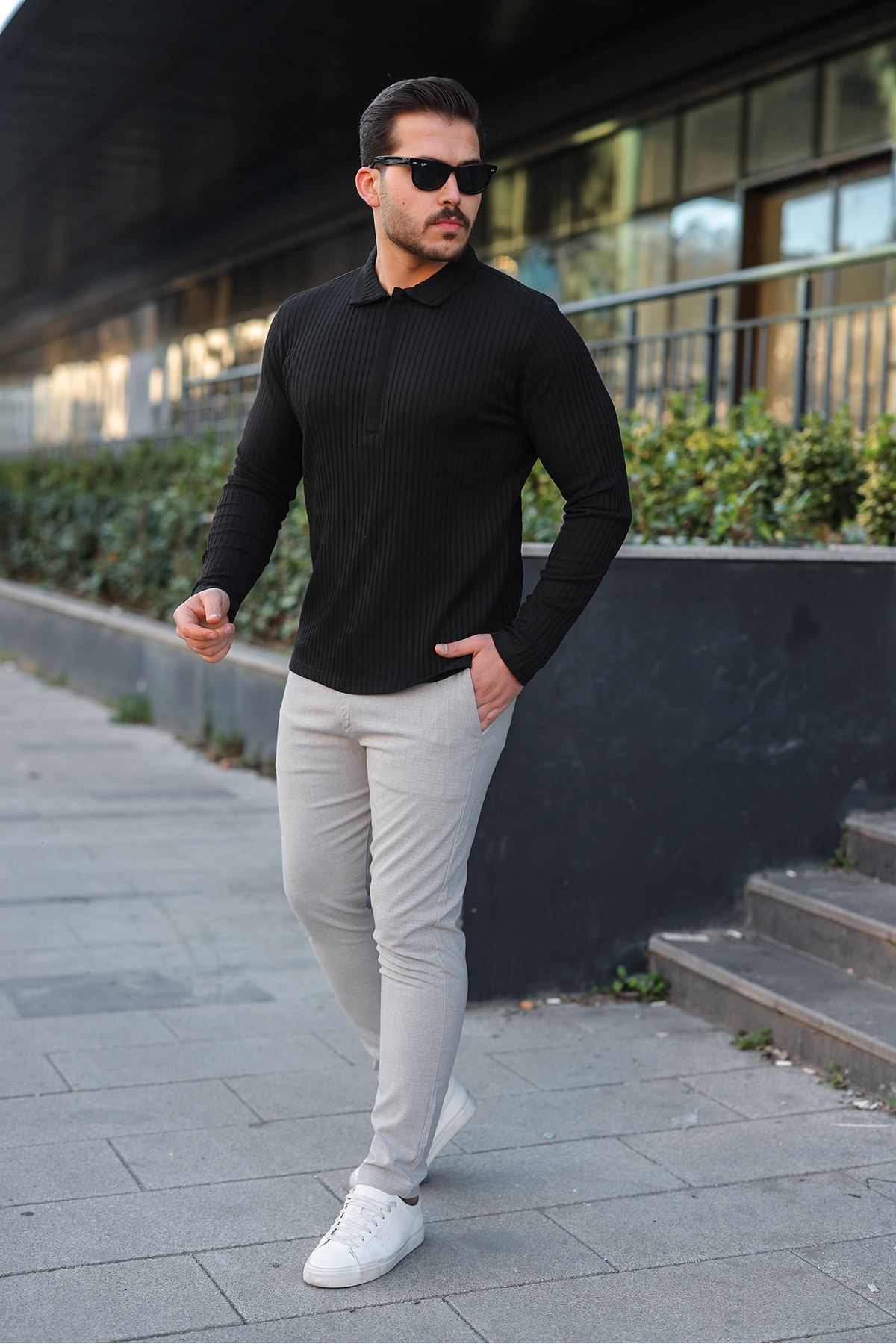 Erkek Fitilli Kumaş Polo Yaka Yarım Fermuarlı Sweat