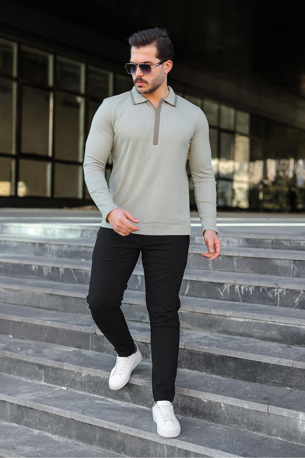Erkek Fitilli Kumaş Polo Yaka Yarım Fermuarlı Sweat