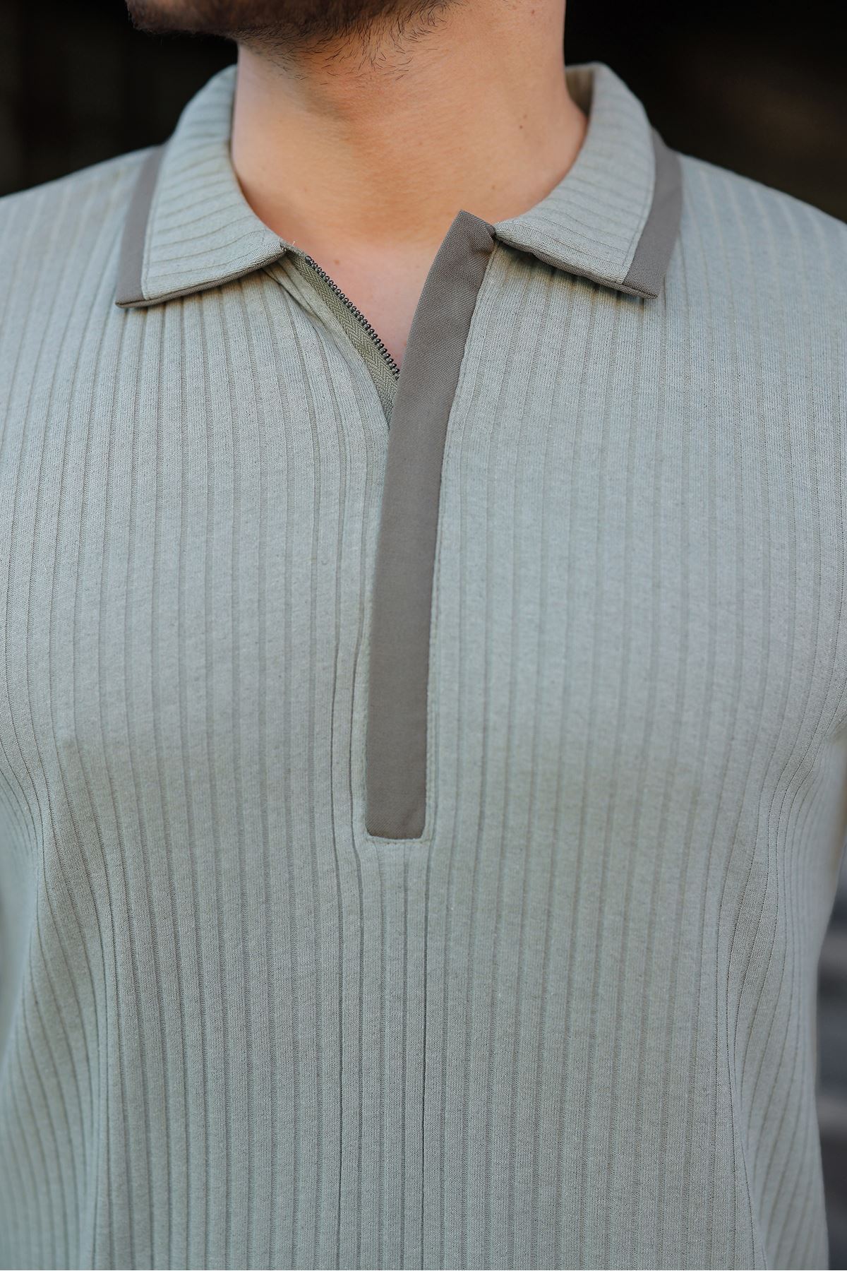 Erkek Fitilli Kumaş Polo Yaka Yarım Fermuarlı Sweat