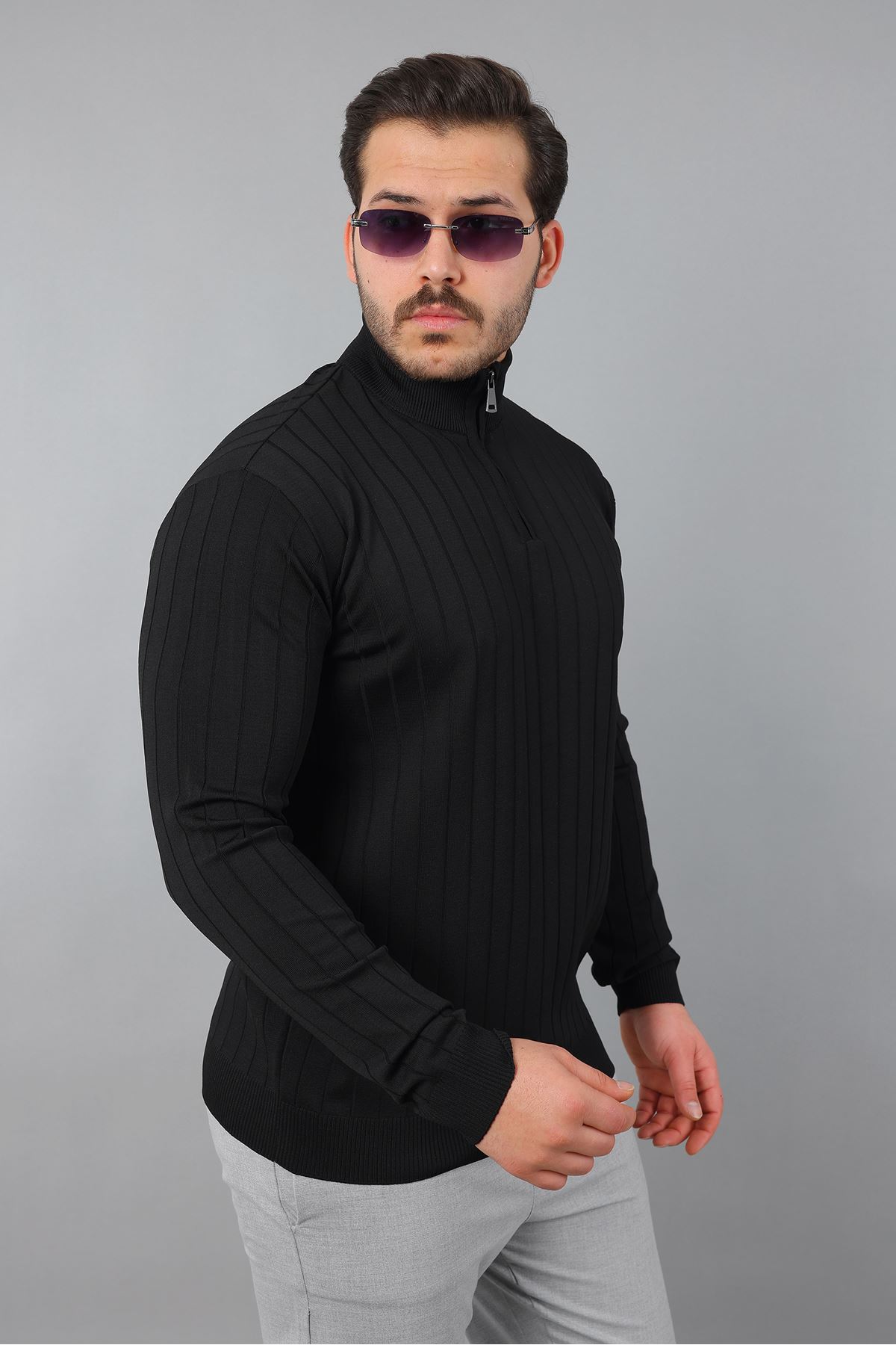 Erkek Dik Yaka Uzun Kol Yarım Fermuar Kendinden Desenli Triko