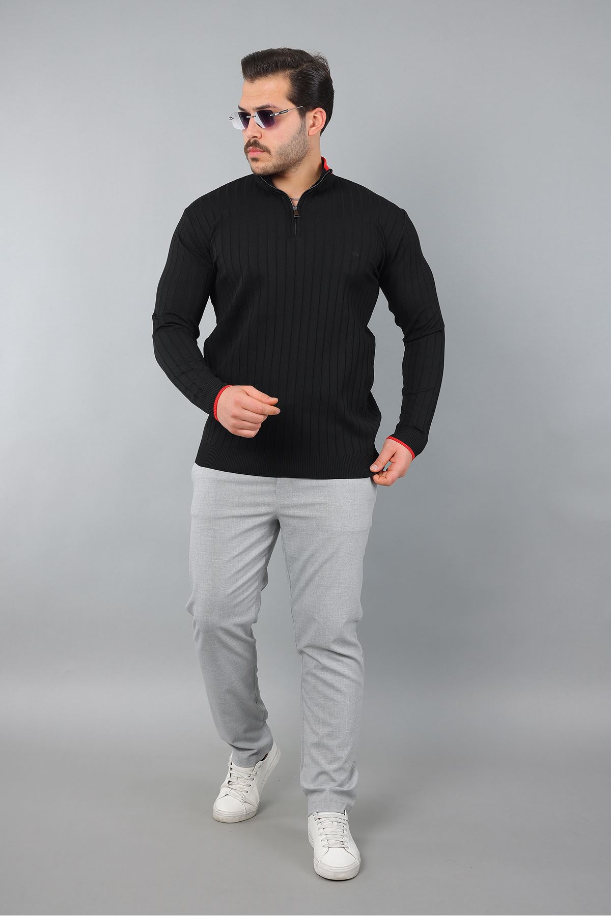 Erkek Uzun Kol Dik Yaka Biyeli Yarım Fermuar Kendinden Desenli Triko