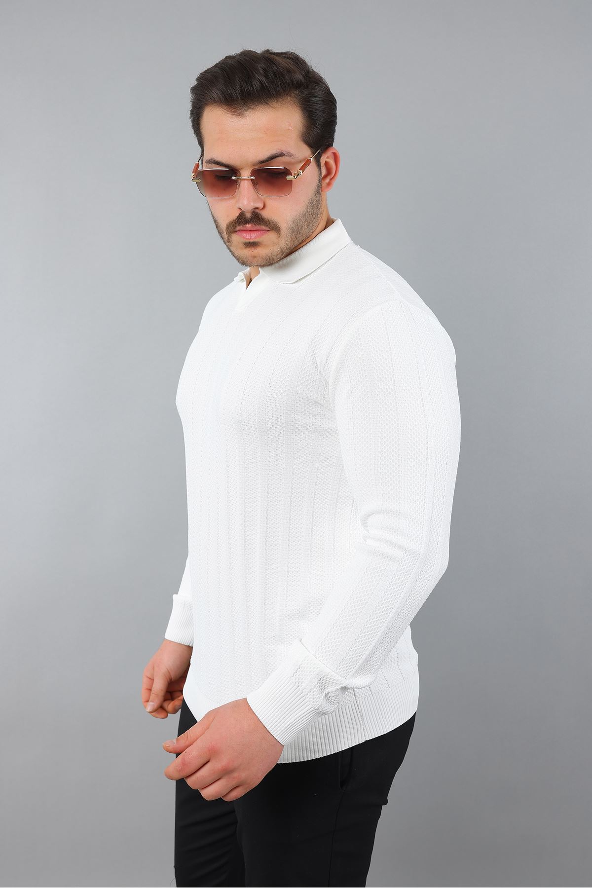 Erkek Apaş Yaka Çizgili Triko