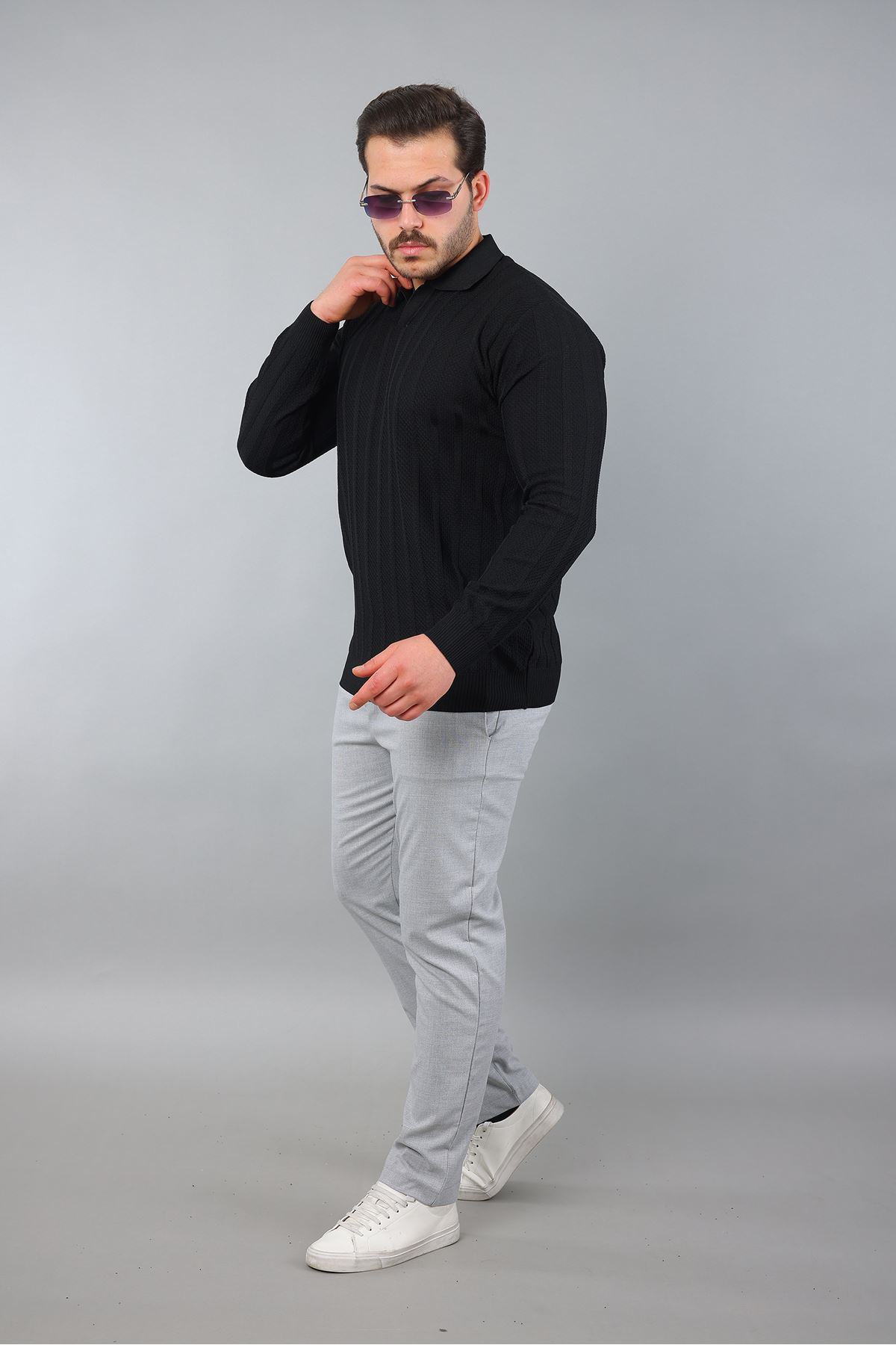 Erkek Apaş Yaka Çizgili Triko