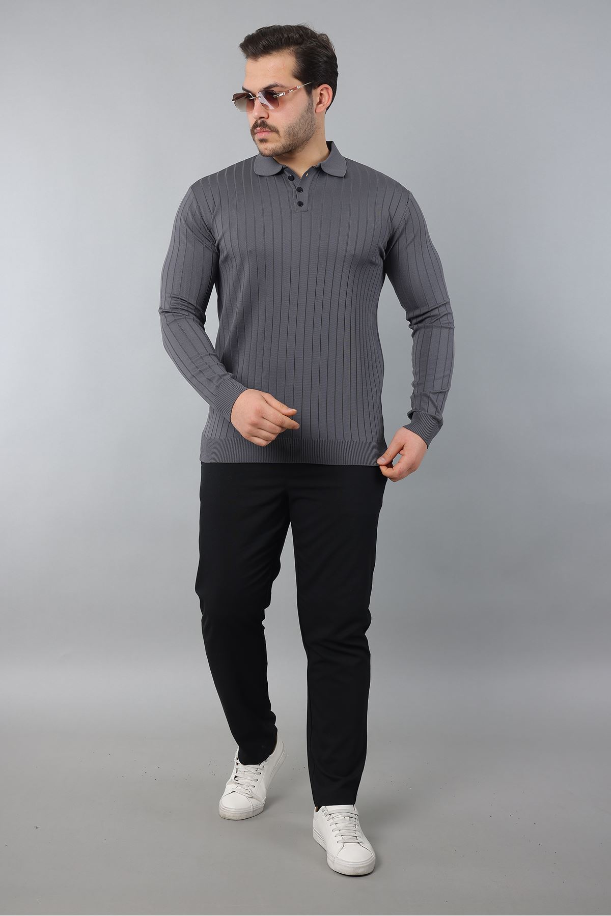 Erkek Uzun Kol Polo Yaka Düğmeli Çizgili Triko