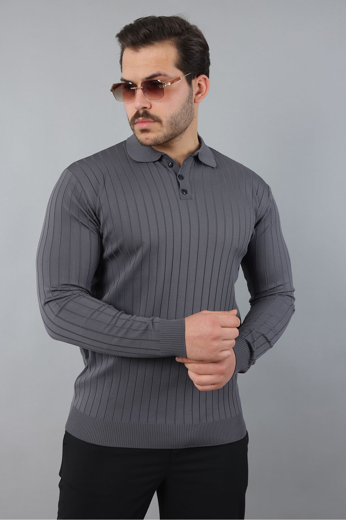 Erkek Uzun Kol Polo Yaka Düğmeli Çizgili Triko