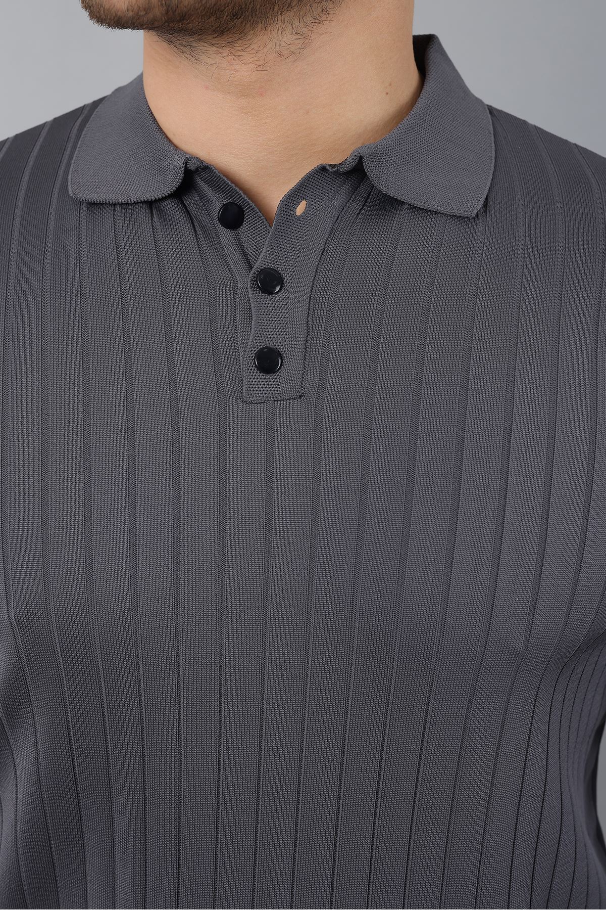 Erkek Uzun Kol Polo Yaka Düğmeli Çizgili Triko