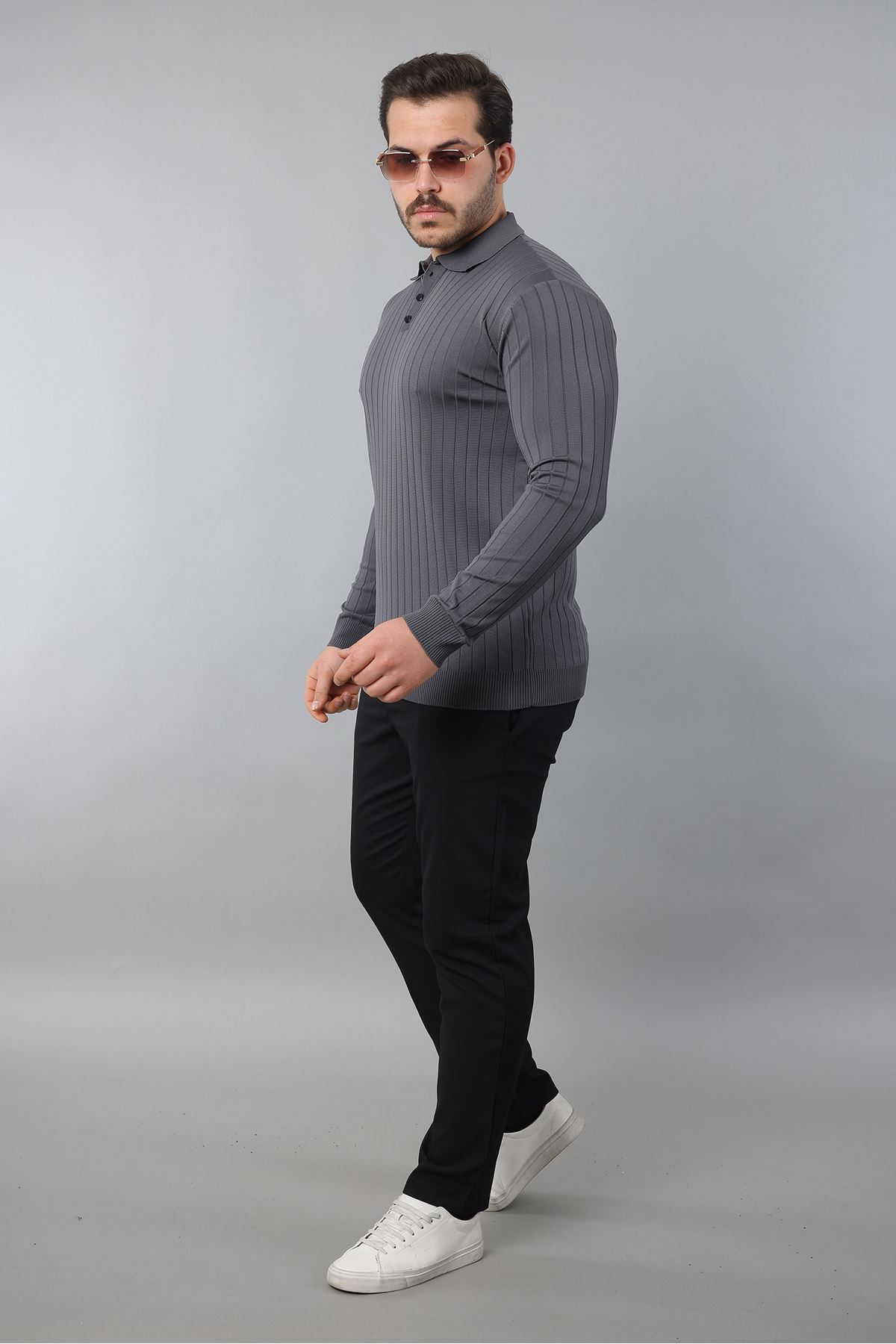 Erkek Uzun Kol Polo Yaka Düğmeli Çizgili Triko