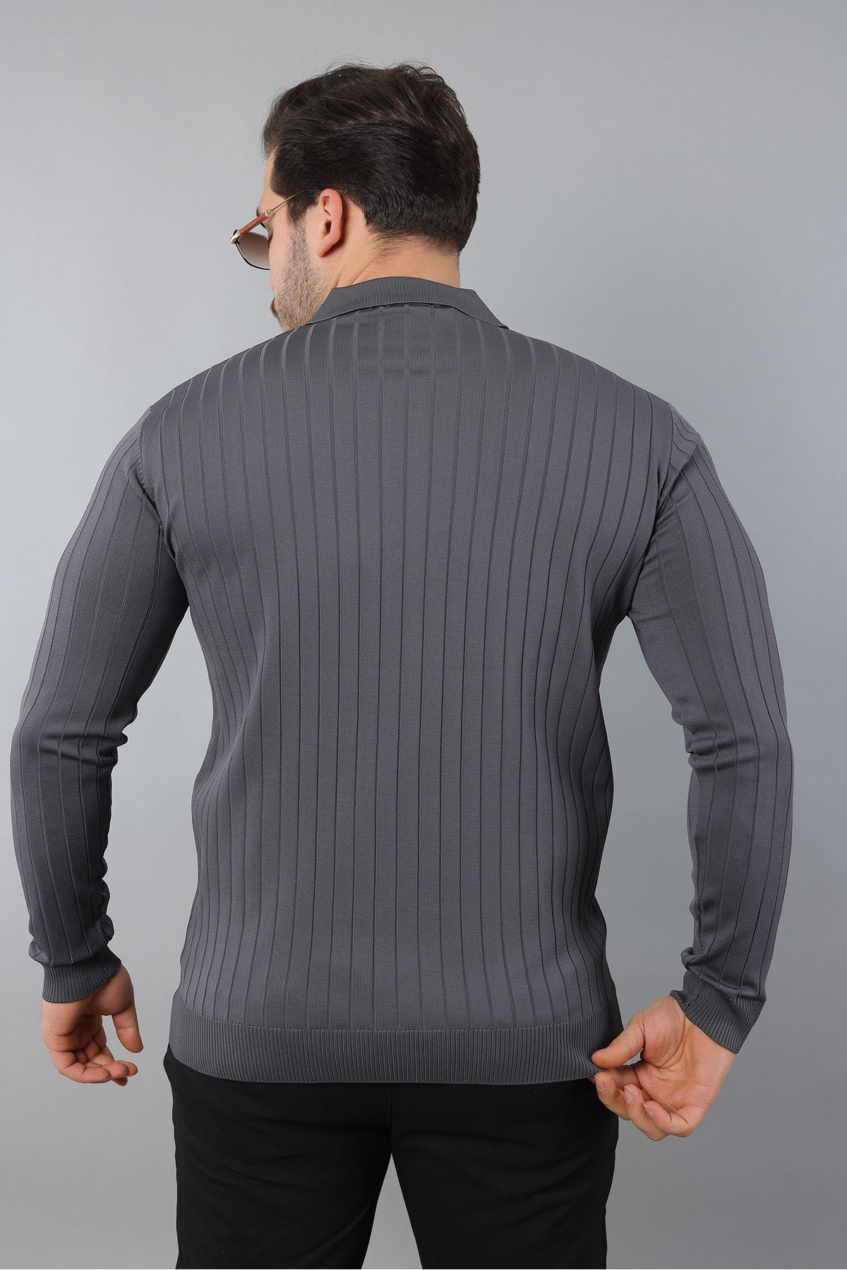 Erkek Uzun Kol Polo Yaka Düğmeli Çizgili Triko