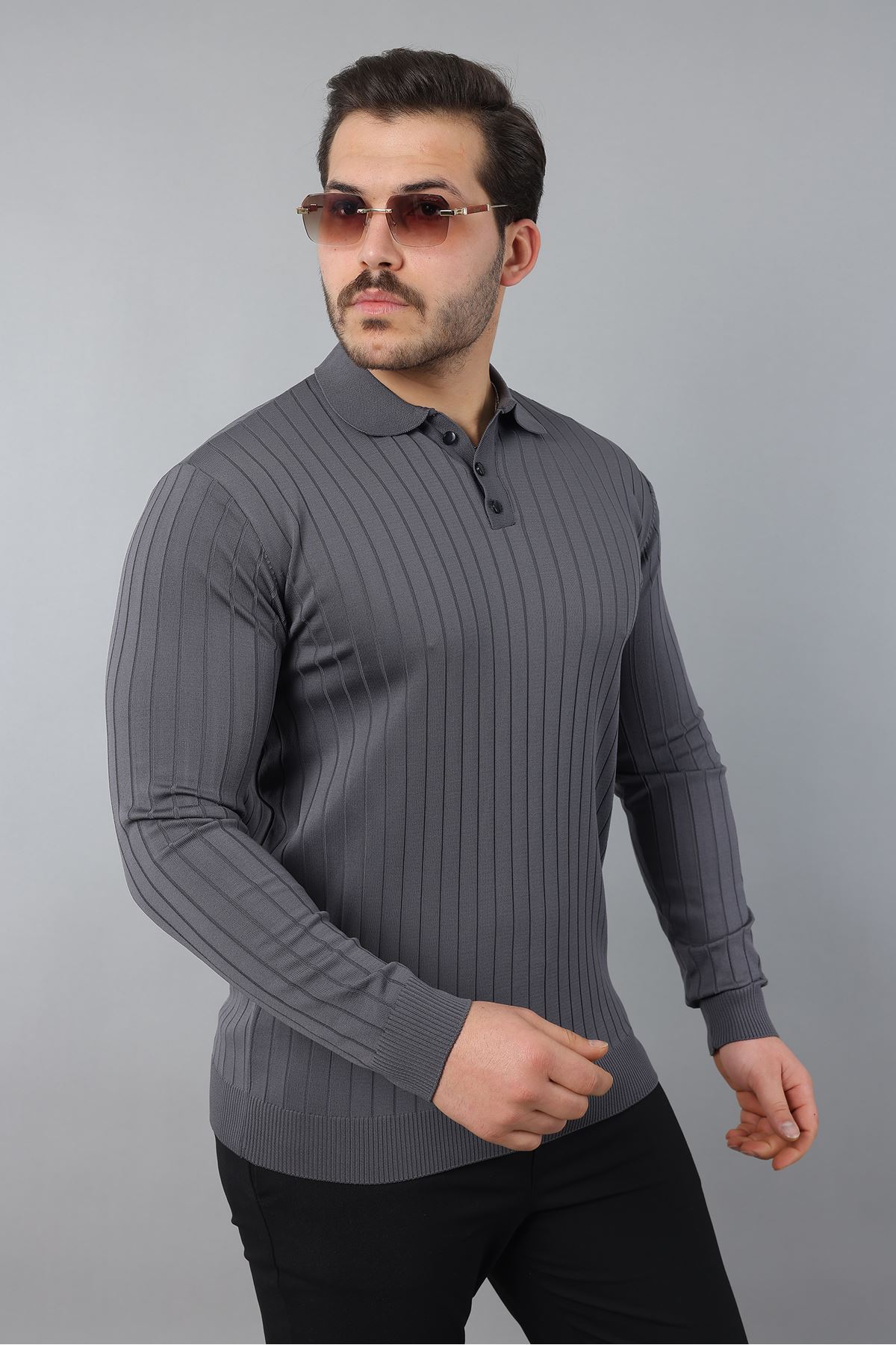 Erkek Uzun Kol Polo Yaka Düğmeli Çizgili Triko