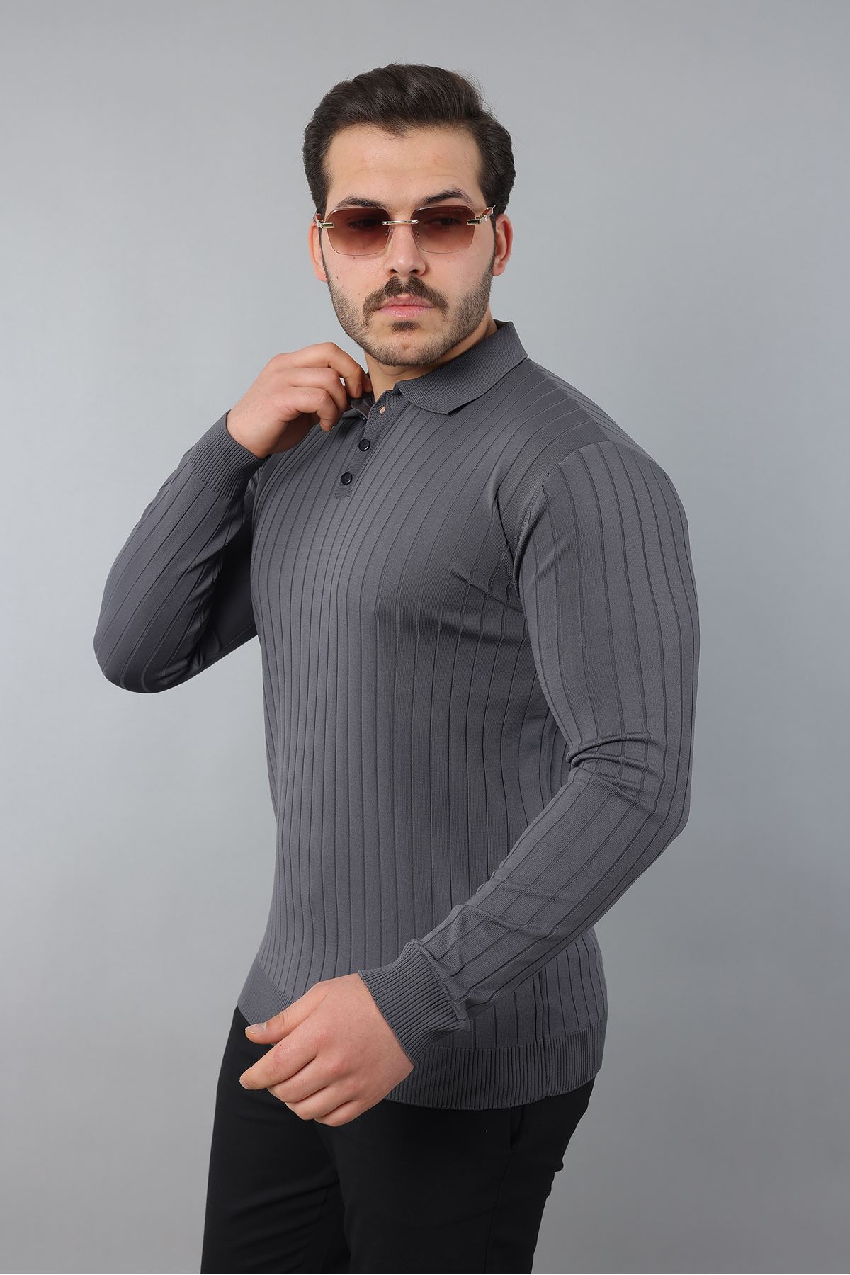 Erkek Uzun Kol Polo Yaka Düğmeli Çizgili Triko