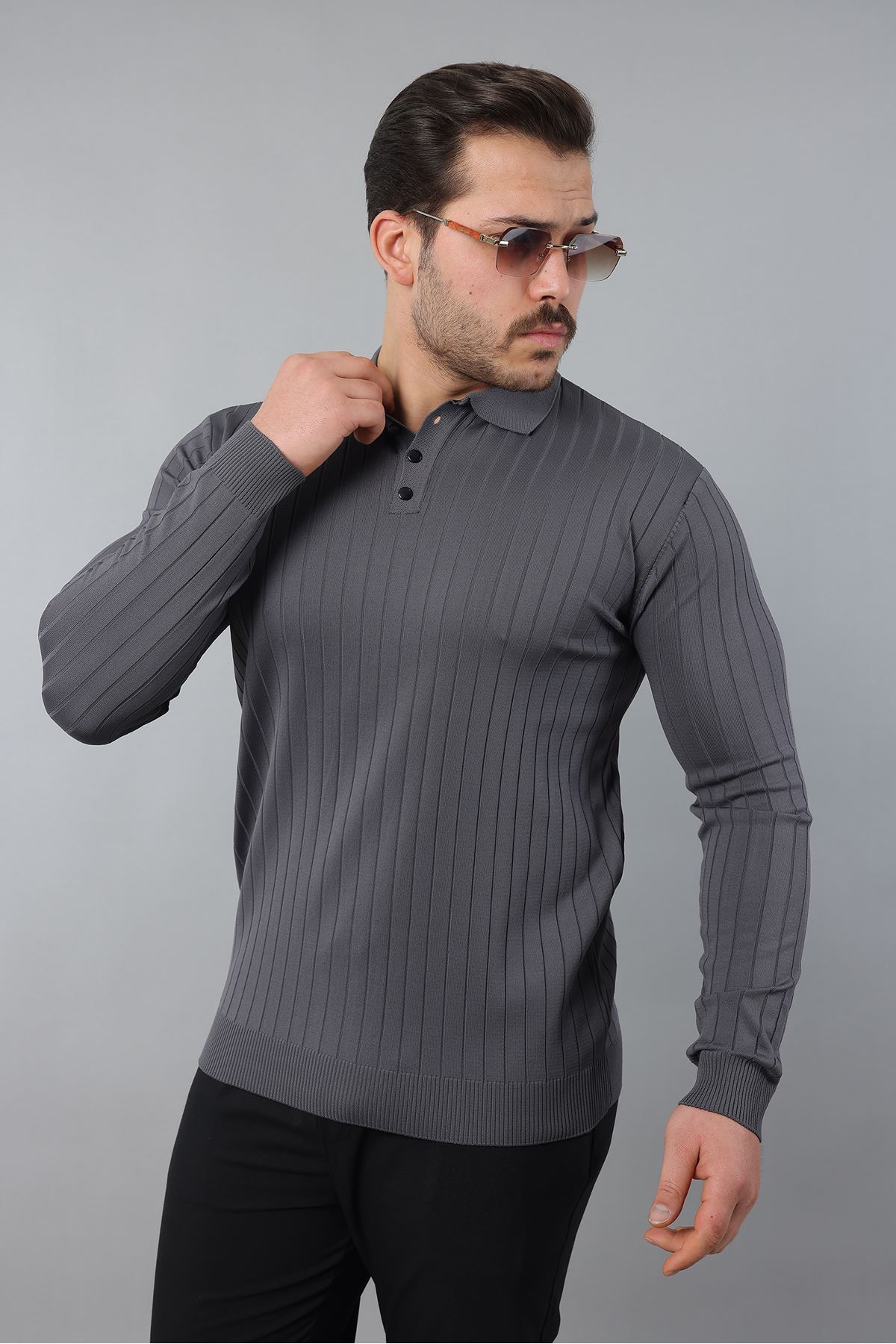 Erkek Uzun Kol Polo Yaka Düğmeli Çizgili Triko