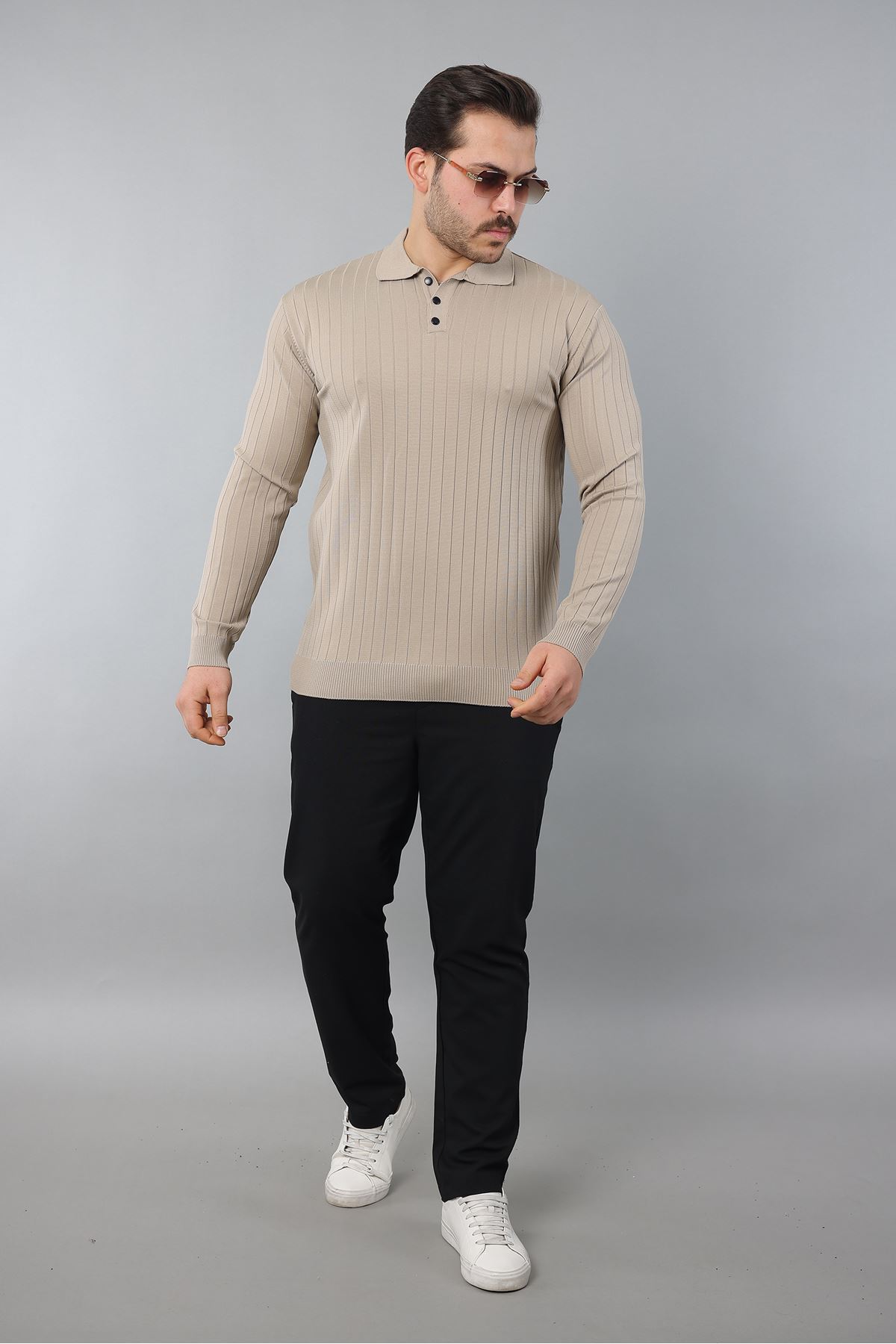 Erkek Uzun Kol Polo Yaka Düğmeli Çizgili Triko