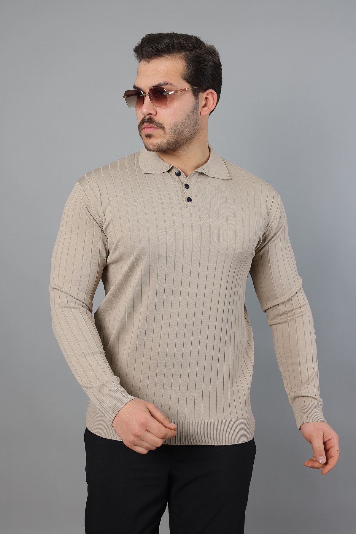 Erkek Uzun Kol Polo Yaka Düğmeli Çizgili Triko