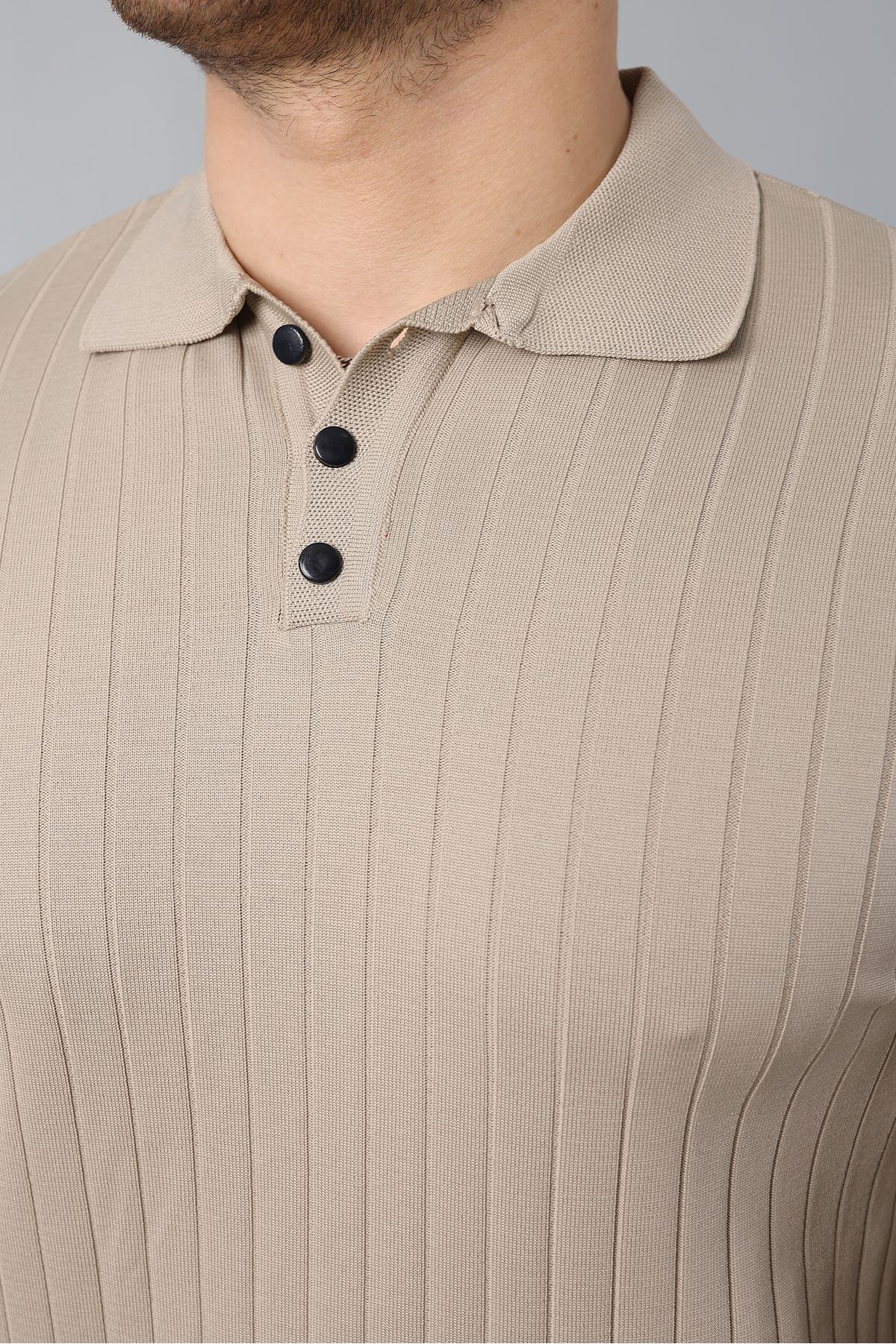 Erkek Uzun Kol Polo Yaka Düğmeli Çizgili Triko