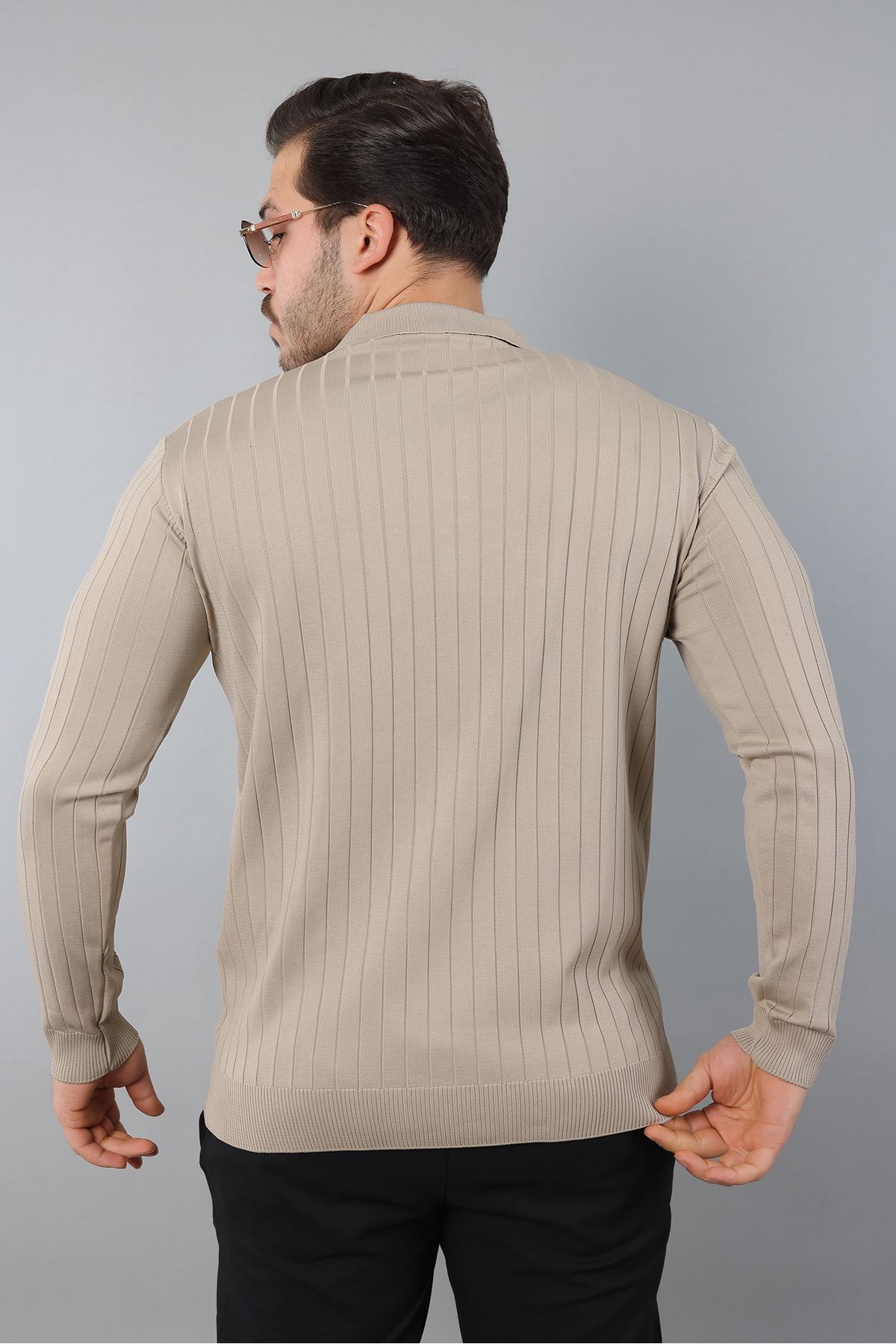 Erkek Uzun Kol Polo Yaka Düğmeli Çizgili Triko