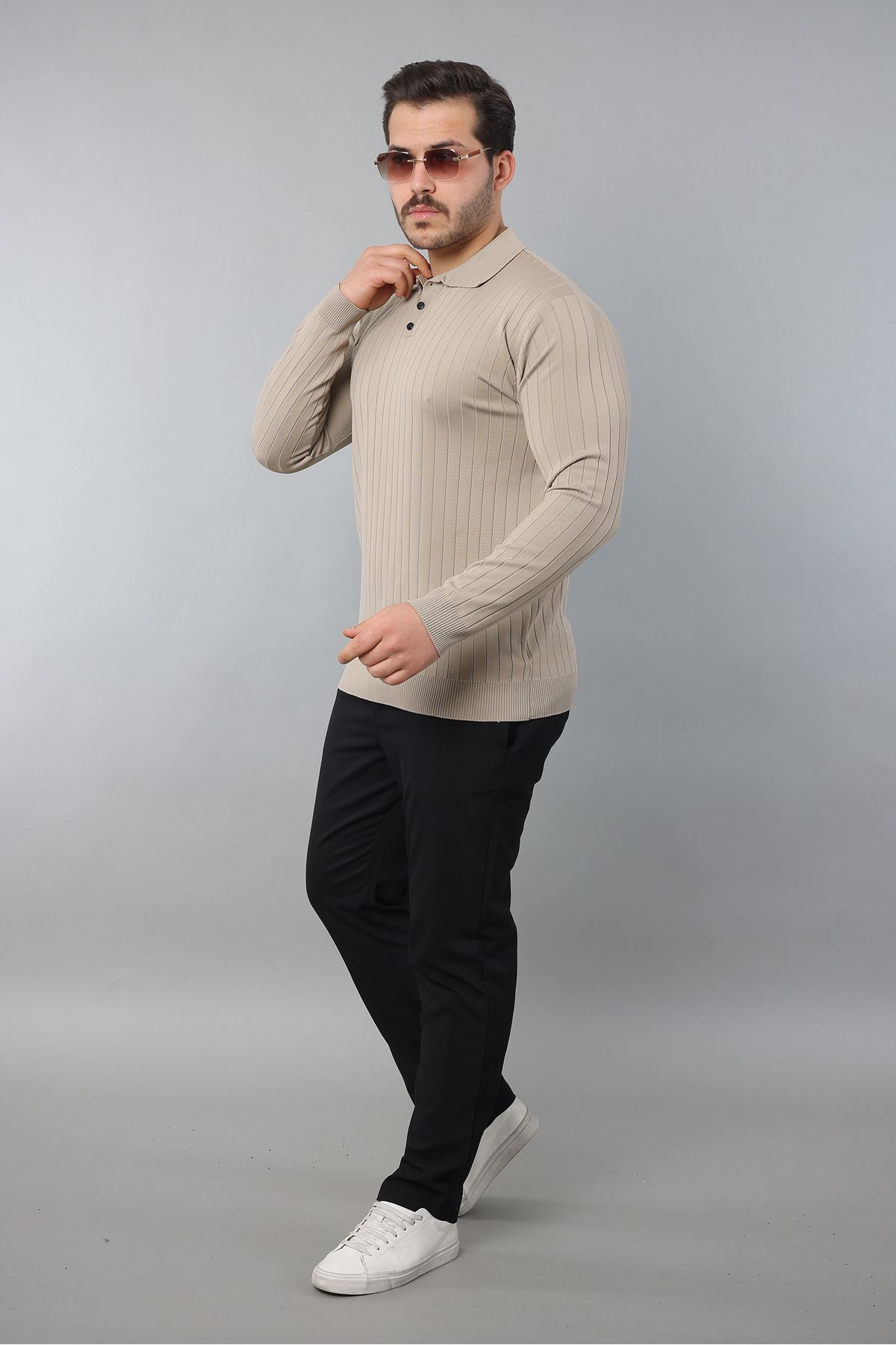 Erkek Uzun Kol Polo Yaka Düğmeli Çizgili Triko