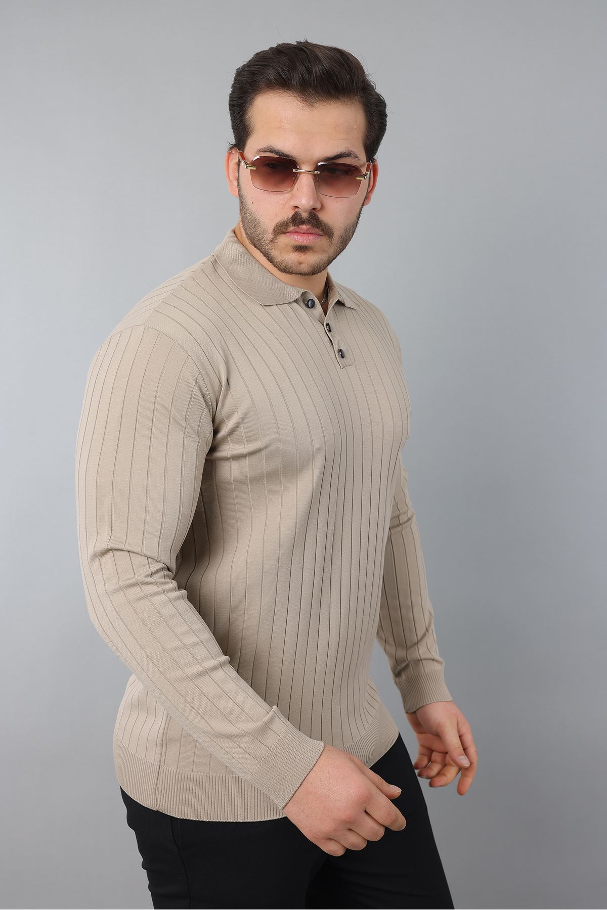Erkek Uzun Kol Polo Yaka Düğmeli Çizgili Triko