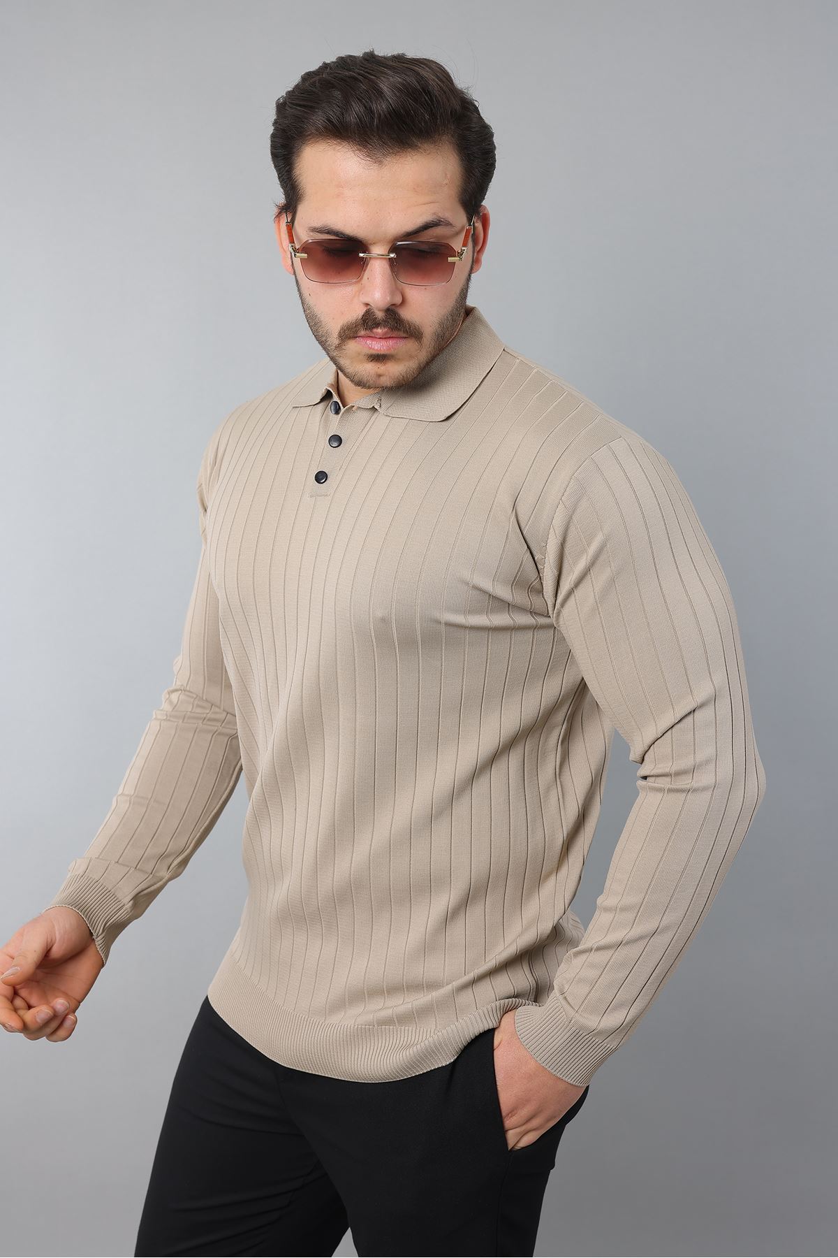 Erkek Uzun Kol Polo Yaka Düğmeli Çizgili Triko