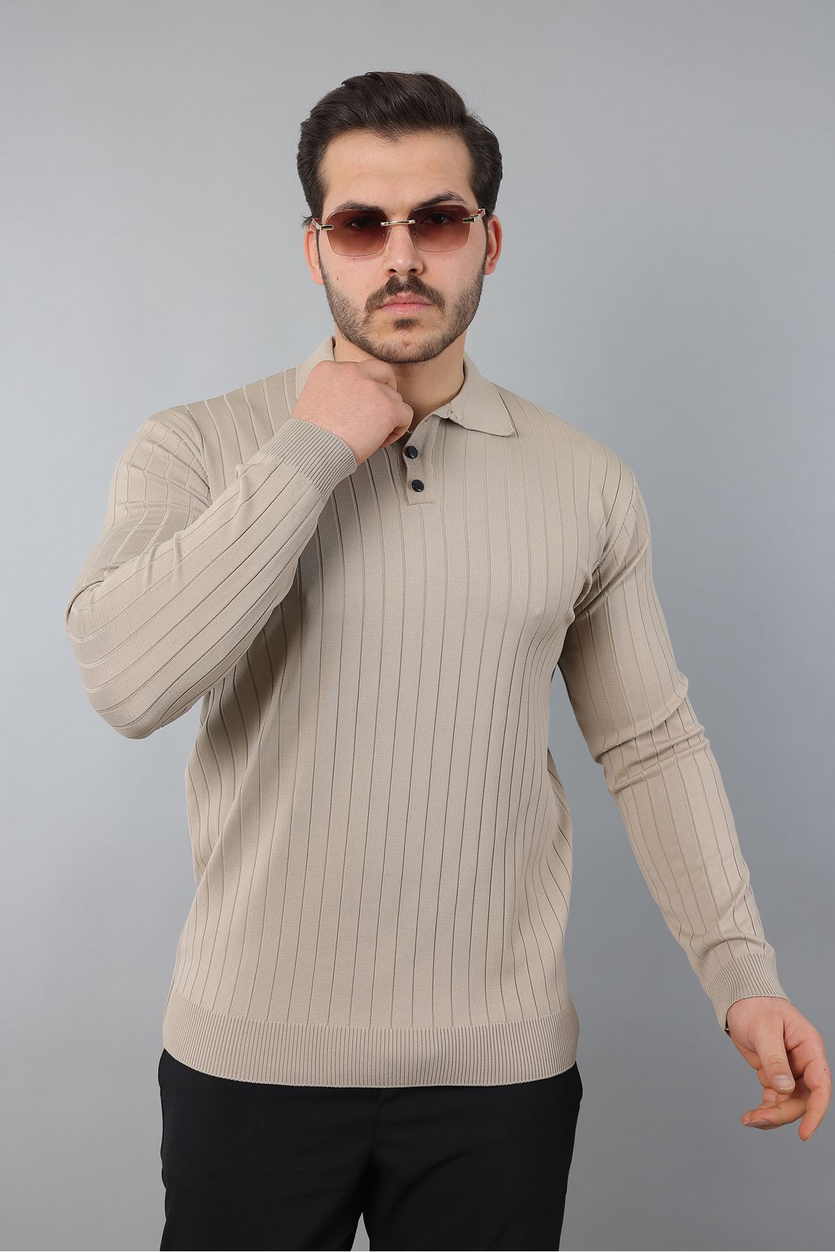 Erkek Uzun Kol Polo Yaka Düğmeli Çizgili Triko