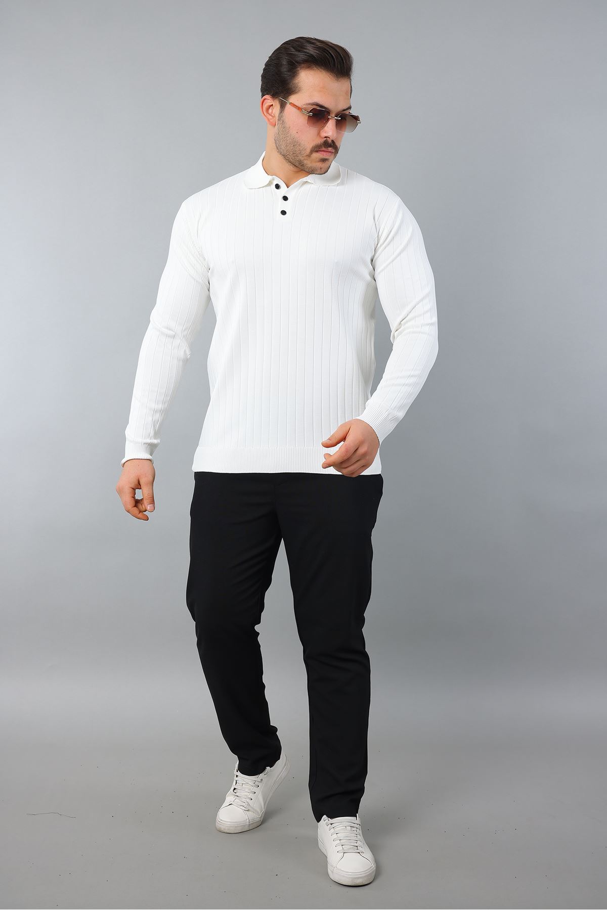 Erkek Uzun Kol Polo Yaka Düğmeli Çizgili Triko
