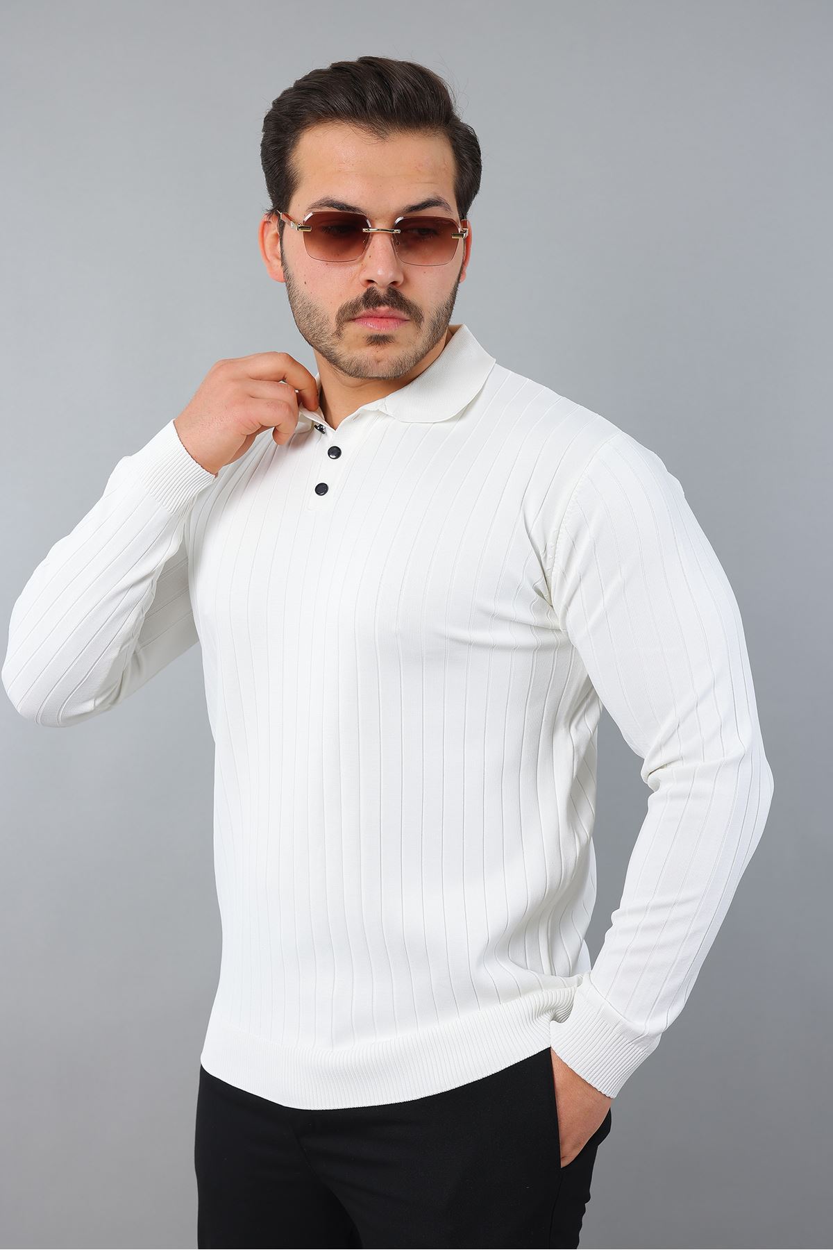 Erkek Uzun Kol Polo Yaka Düğmeli Çizgili Triko