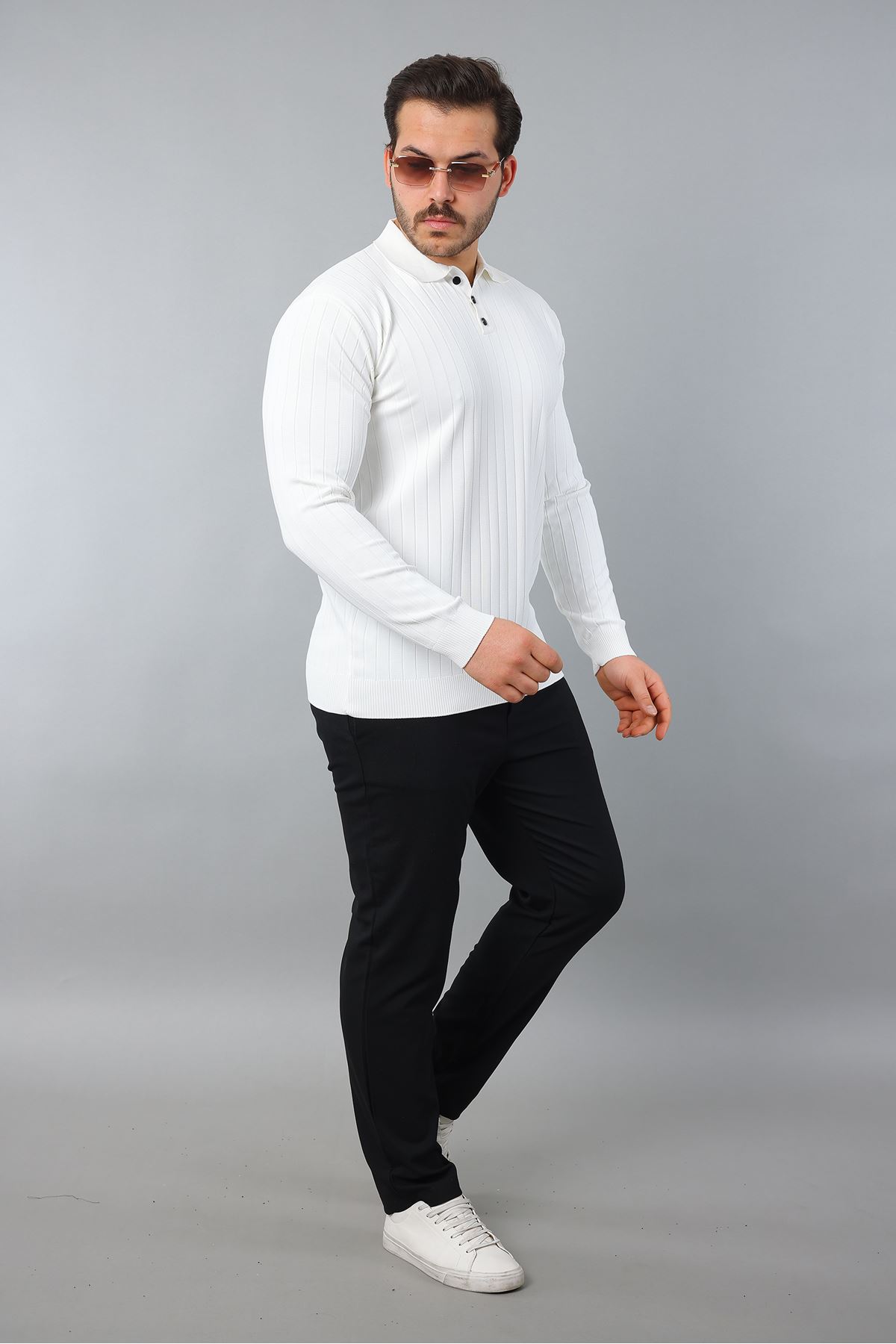 Erkek Uzun Kol Polo Yaka Düğmeli Çizgili Triko