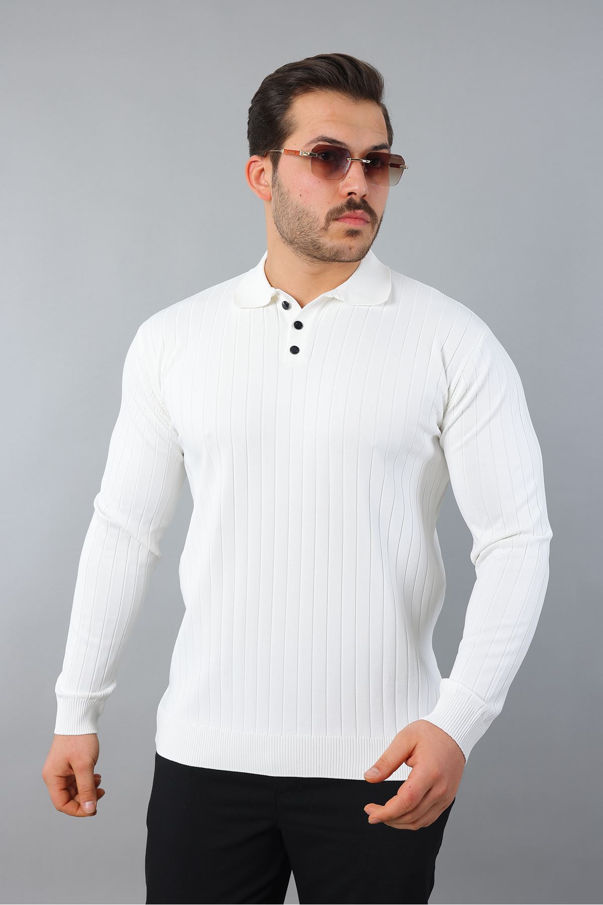 Erkek Uzun Kol Polo Yaka Düğmeli Çizgili Triko