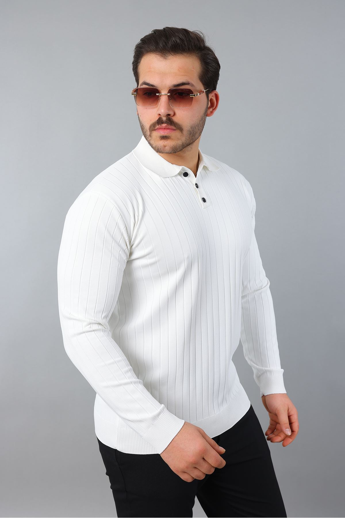 Erkek Uzun Kol Polo Yaka Düğmeli Çizgili Triko