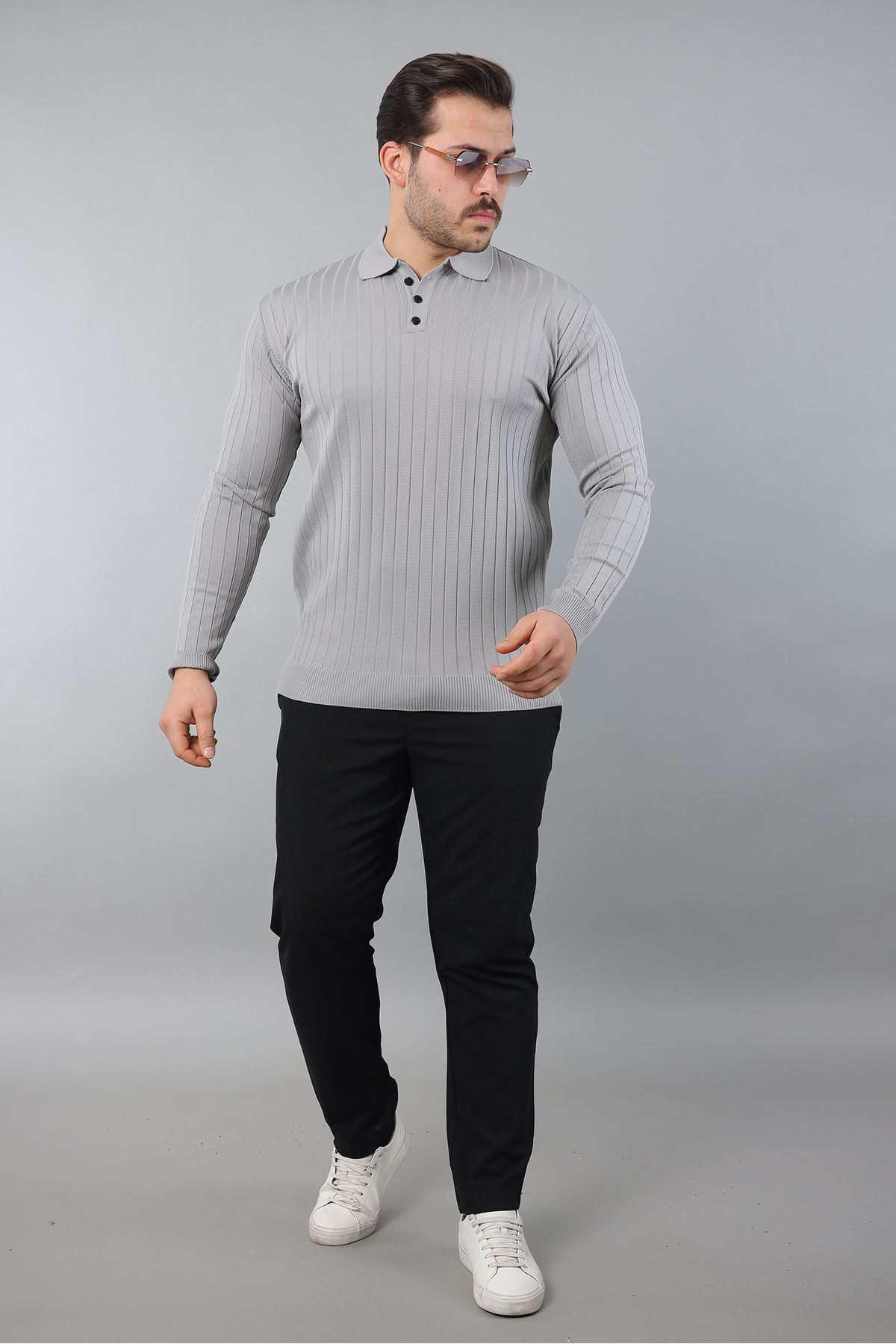 Erkek Uzun Kol Polo Yaka Düğmeli Çizgili Triko