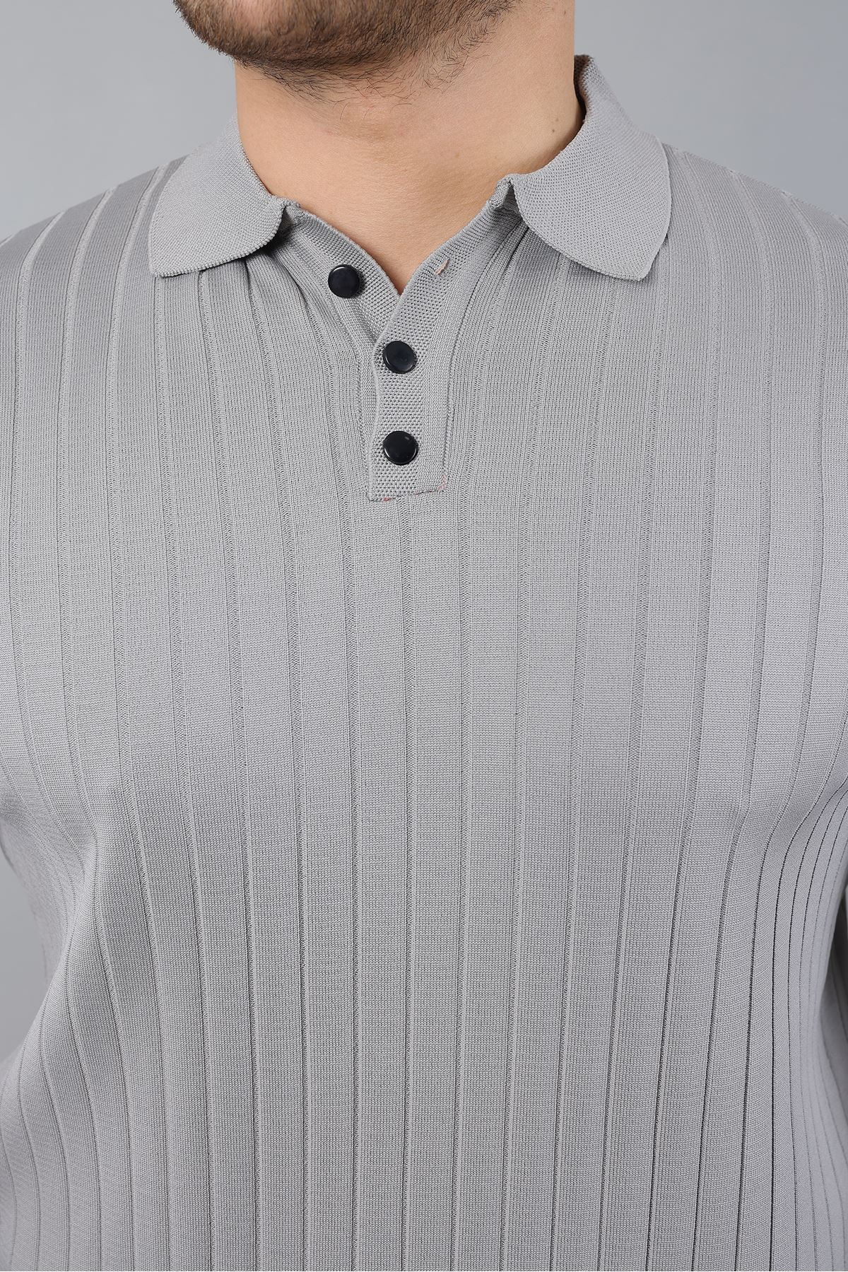 Erkek Uzun Kol Polo Yaka Düğmeli Çizgili Triko