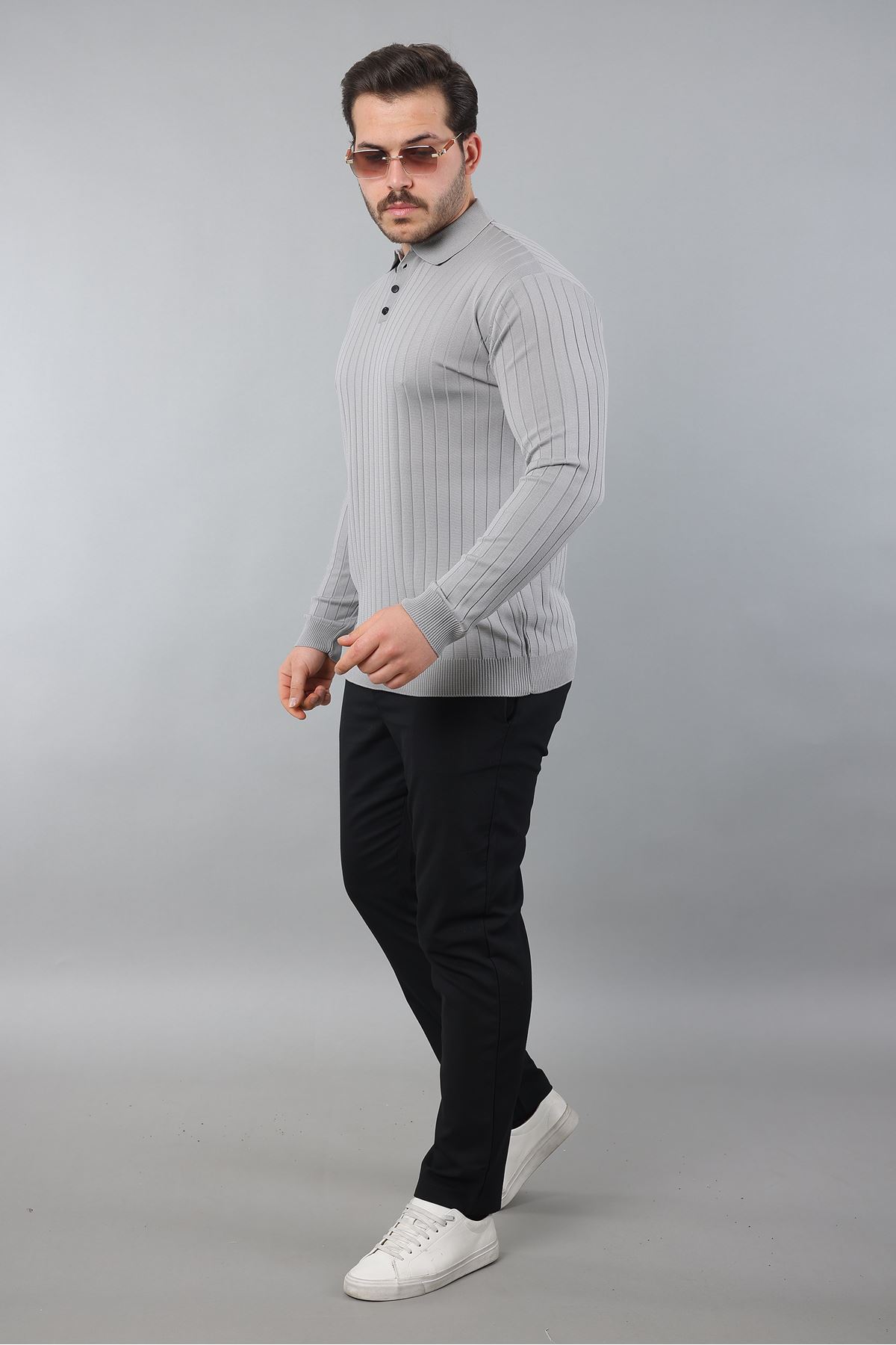 Erkek Uzun Kol Polo Yaka Düğmeli Çizgili Triko