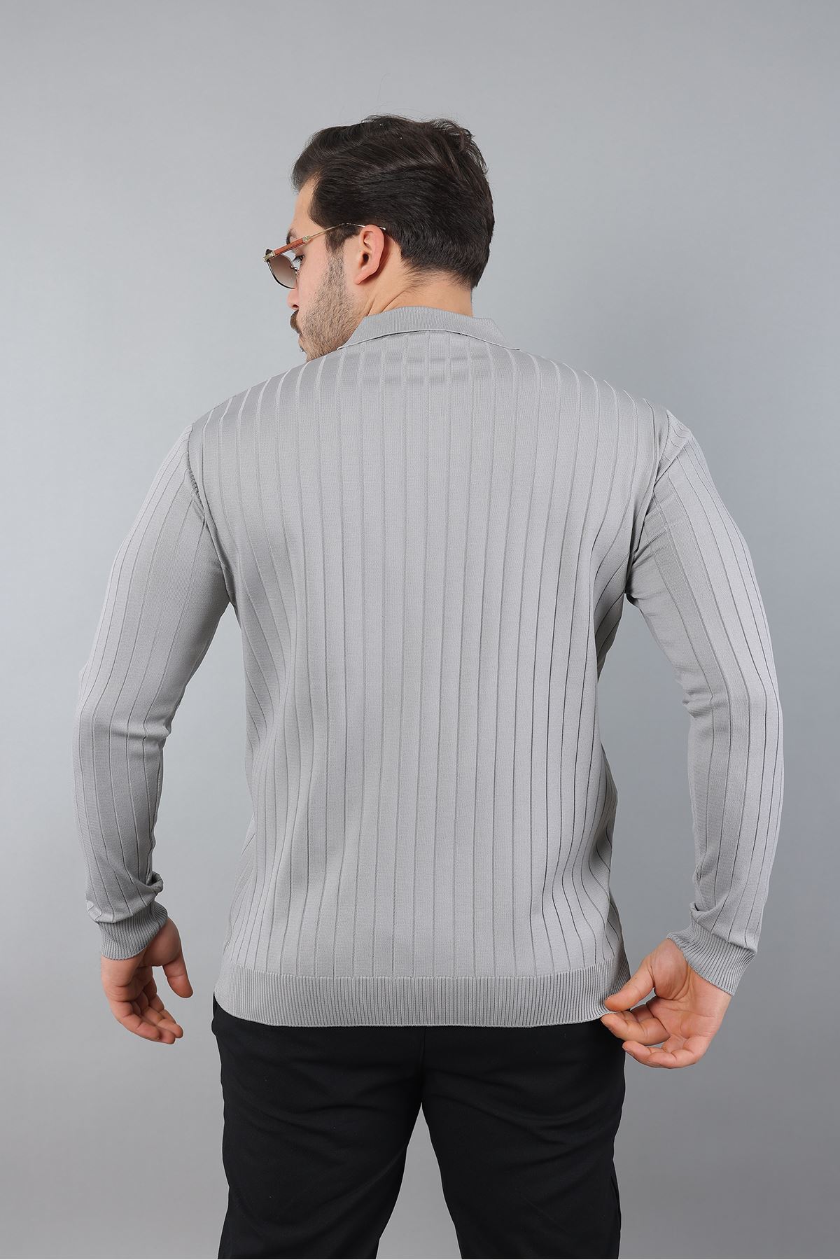 Erkek Uzun Kol Polo Yaka Düğmeli Çizgili Triko