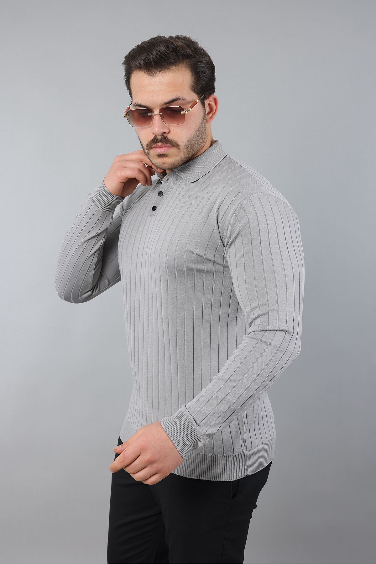 Erkek Uzun Kol Polo Yaka Düğmeli Çizgili Triko