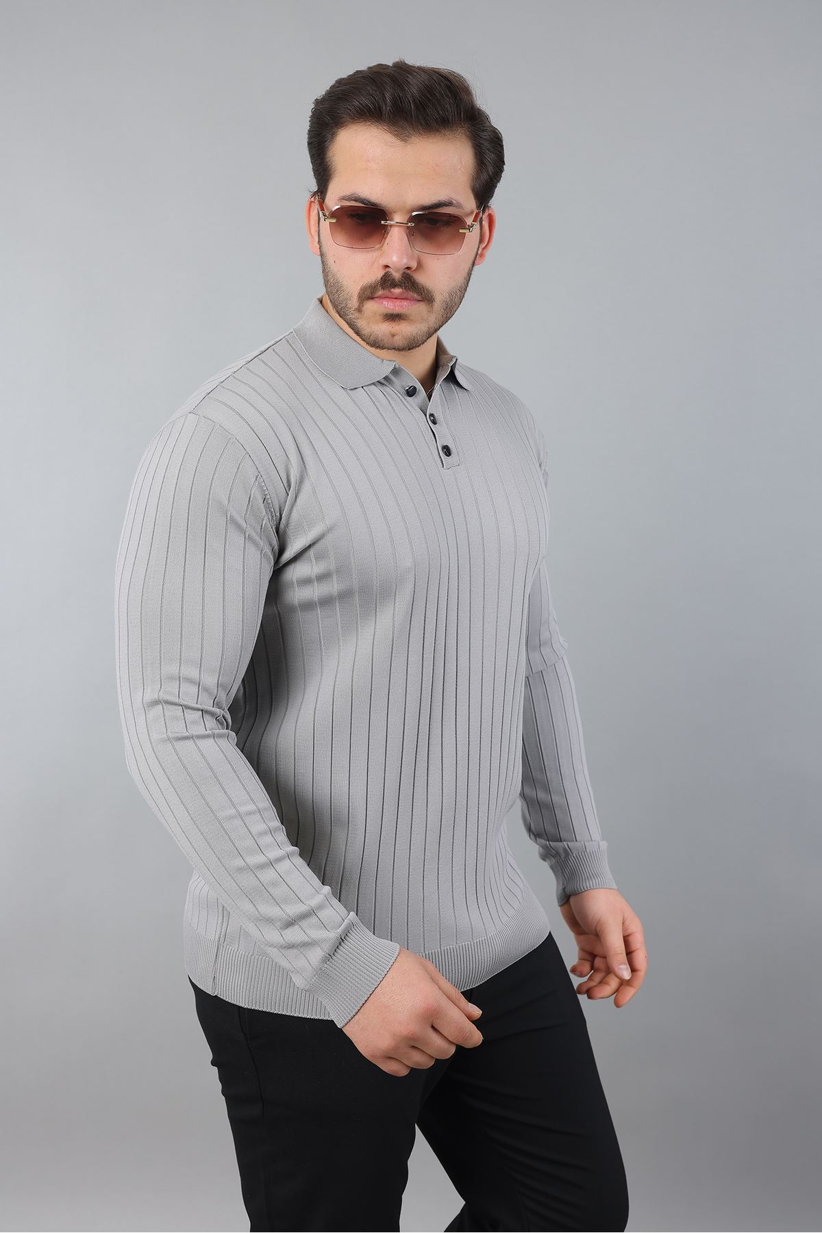 Erkek Uzun Kol Polo Yaka Düğmeli Çizgili Triko
