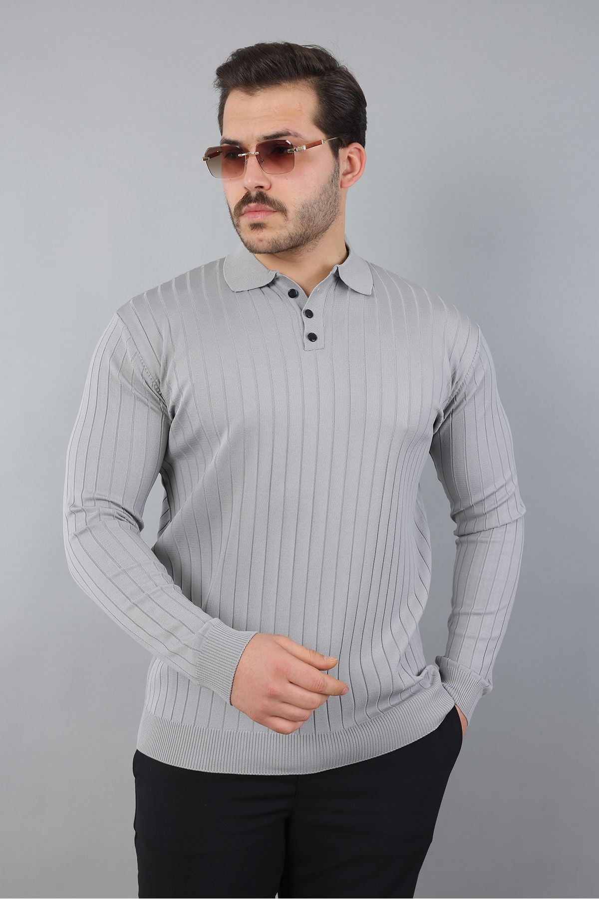 Erkek Uzun Kol Polo Yaka Düğmeli Çizgili Triko