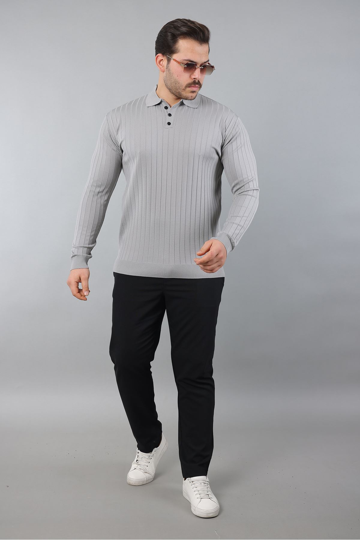 Erkek Uzun Kol Polo Yaka Düğmeli Çizgili Triko