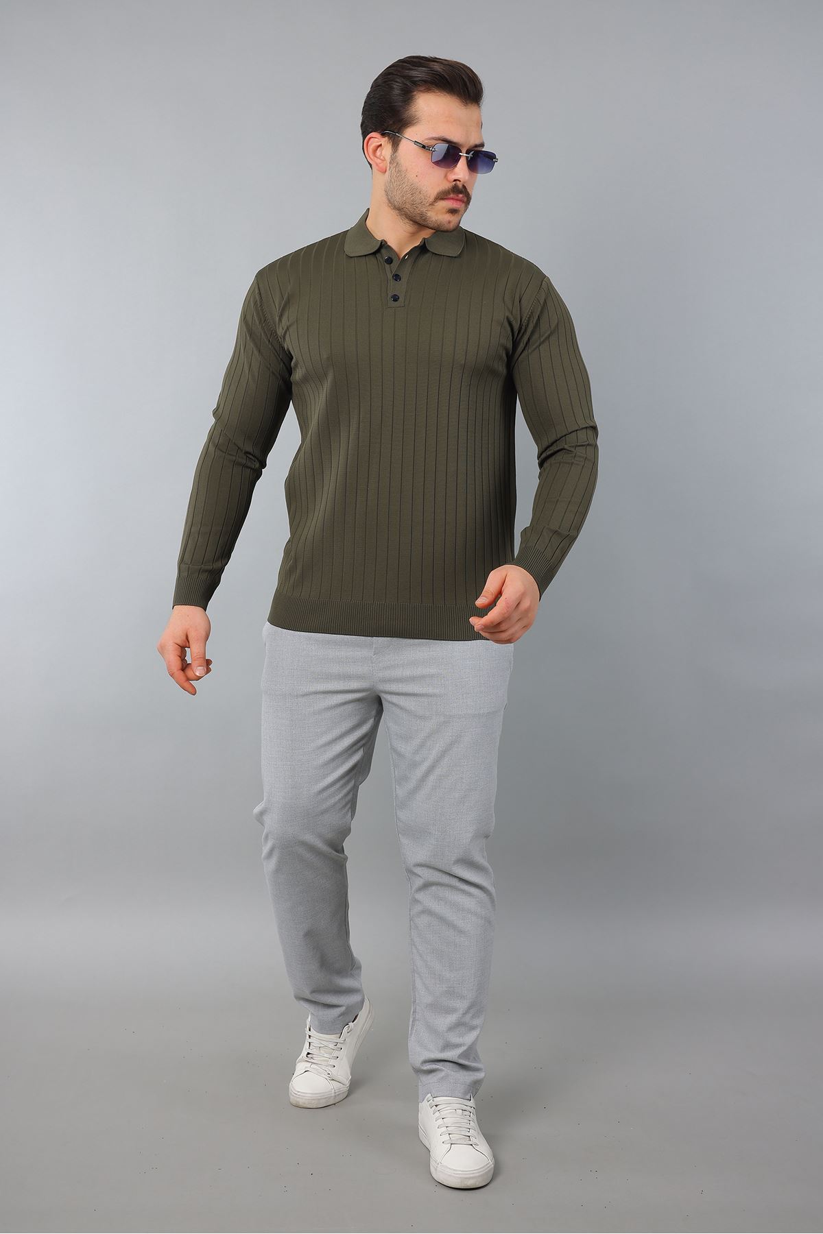 Erkek Uzun Kol Polo Yaka Düğmeli Çizgili Triko