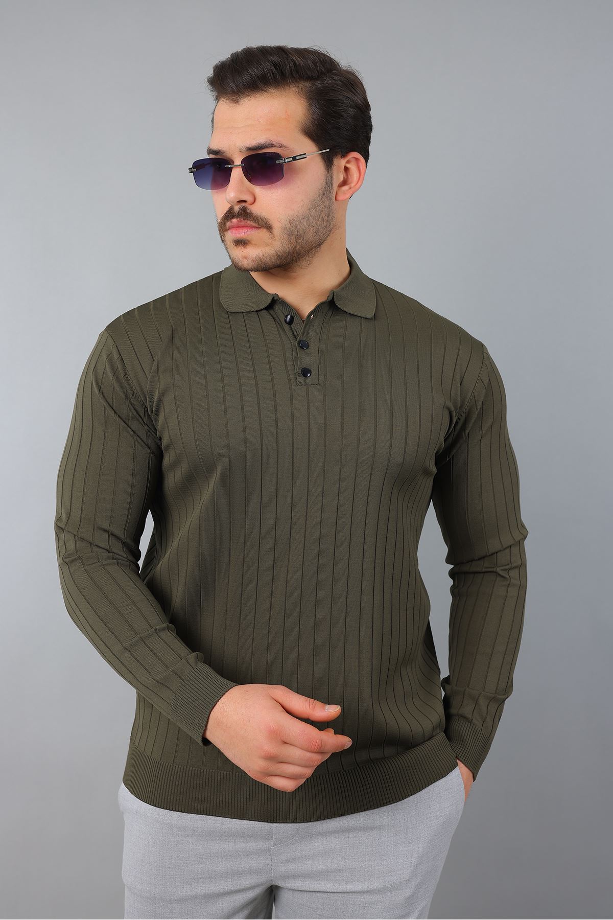 Erkek Uzun Kol Polo Yaka Düğmeli Çizgili Triko