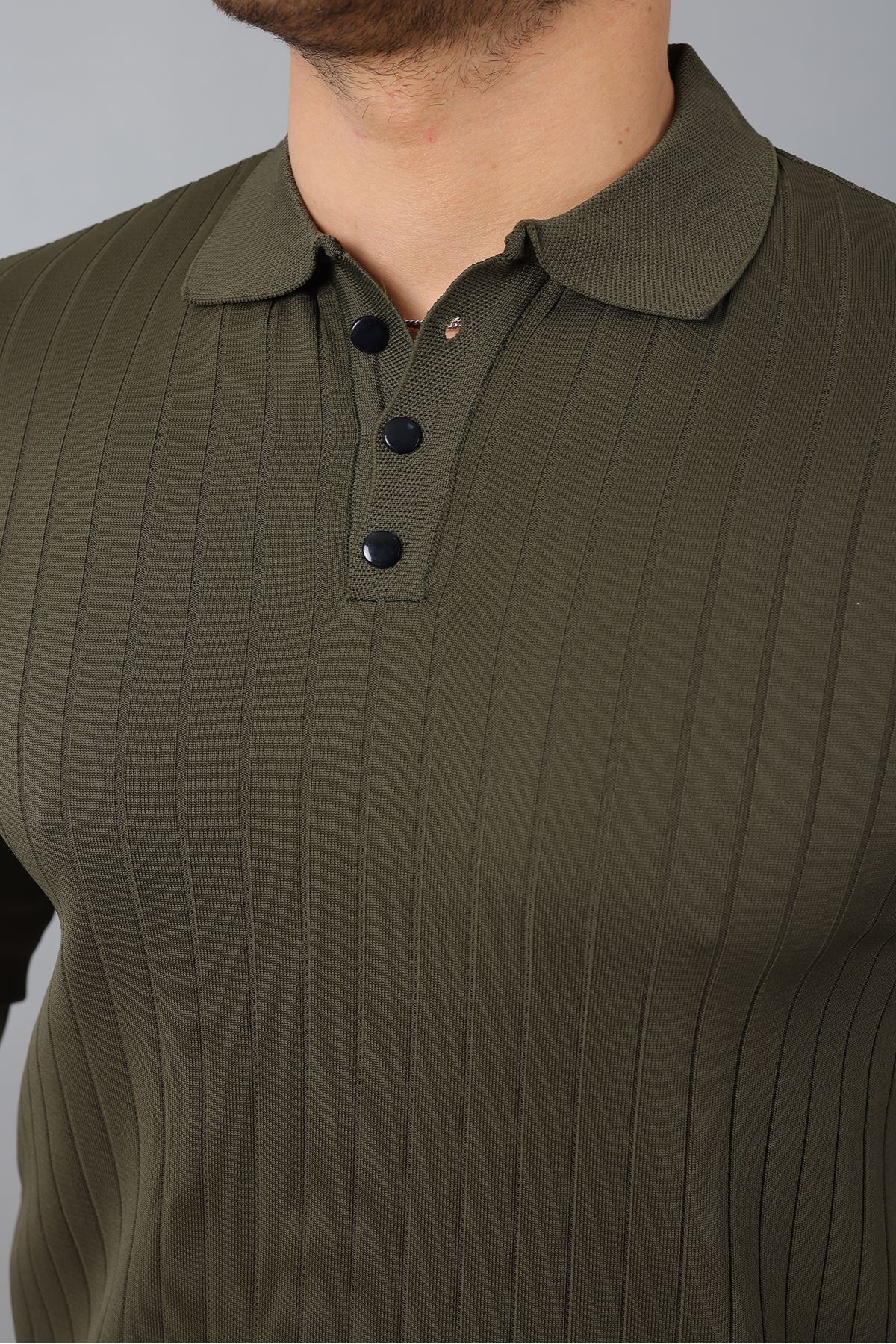 Erkek Uzun Kol Polo Yaka Düğmeli Çizgili Triko