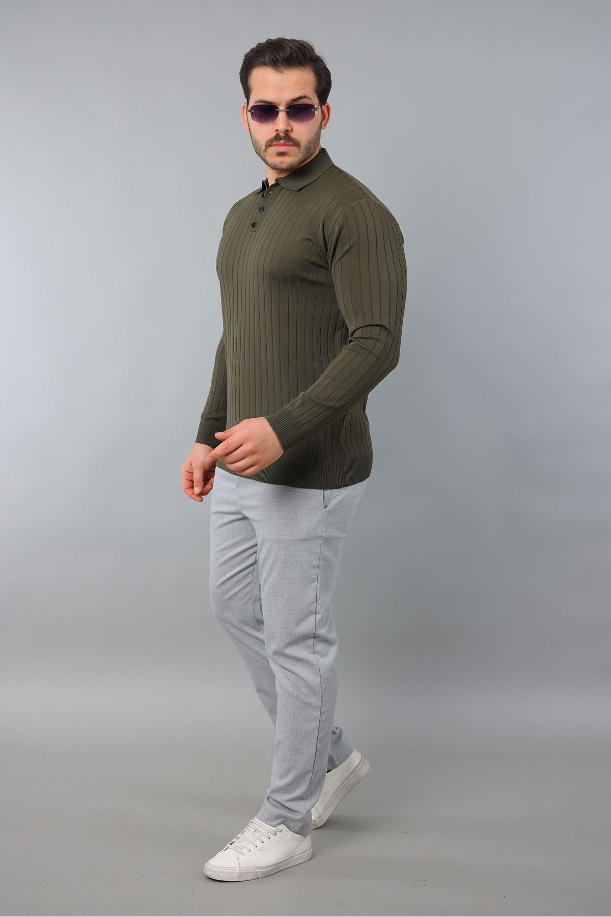 Erkek Uzun Kol Polo Yaka Düğmeli Çizgili Triko