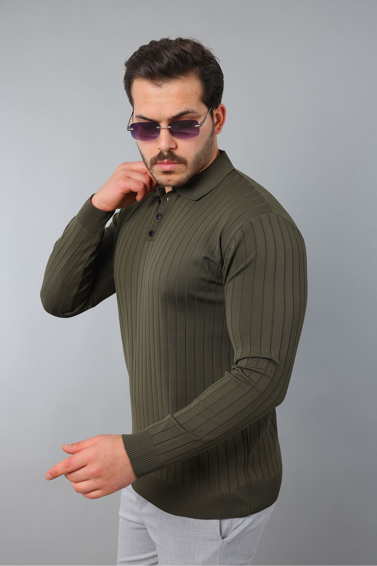 Erkek Uzun Kol Polo Yaka Düğmeli Çizgili Triko