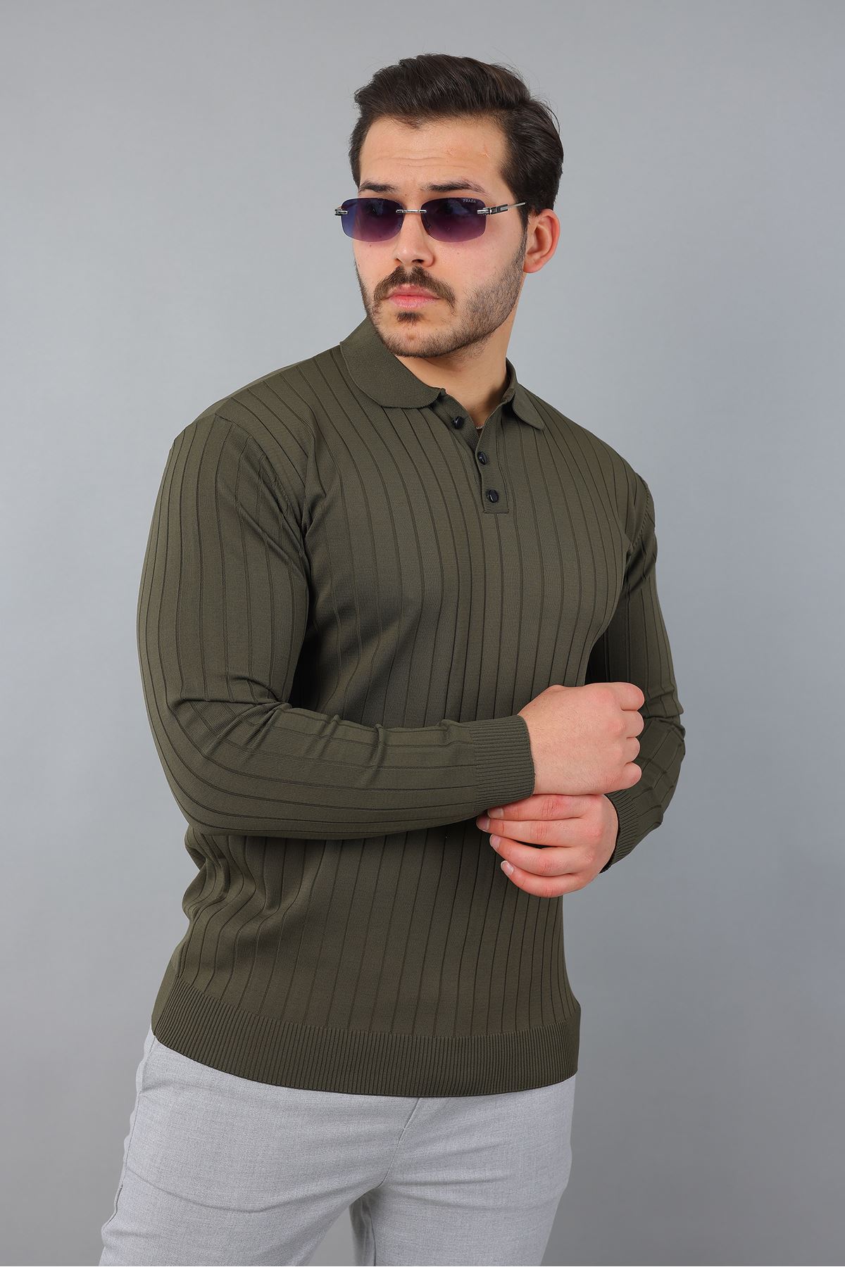 Erkek Uzun Kol Polo Yaka Düğmeli Çizgili Triko