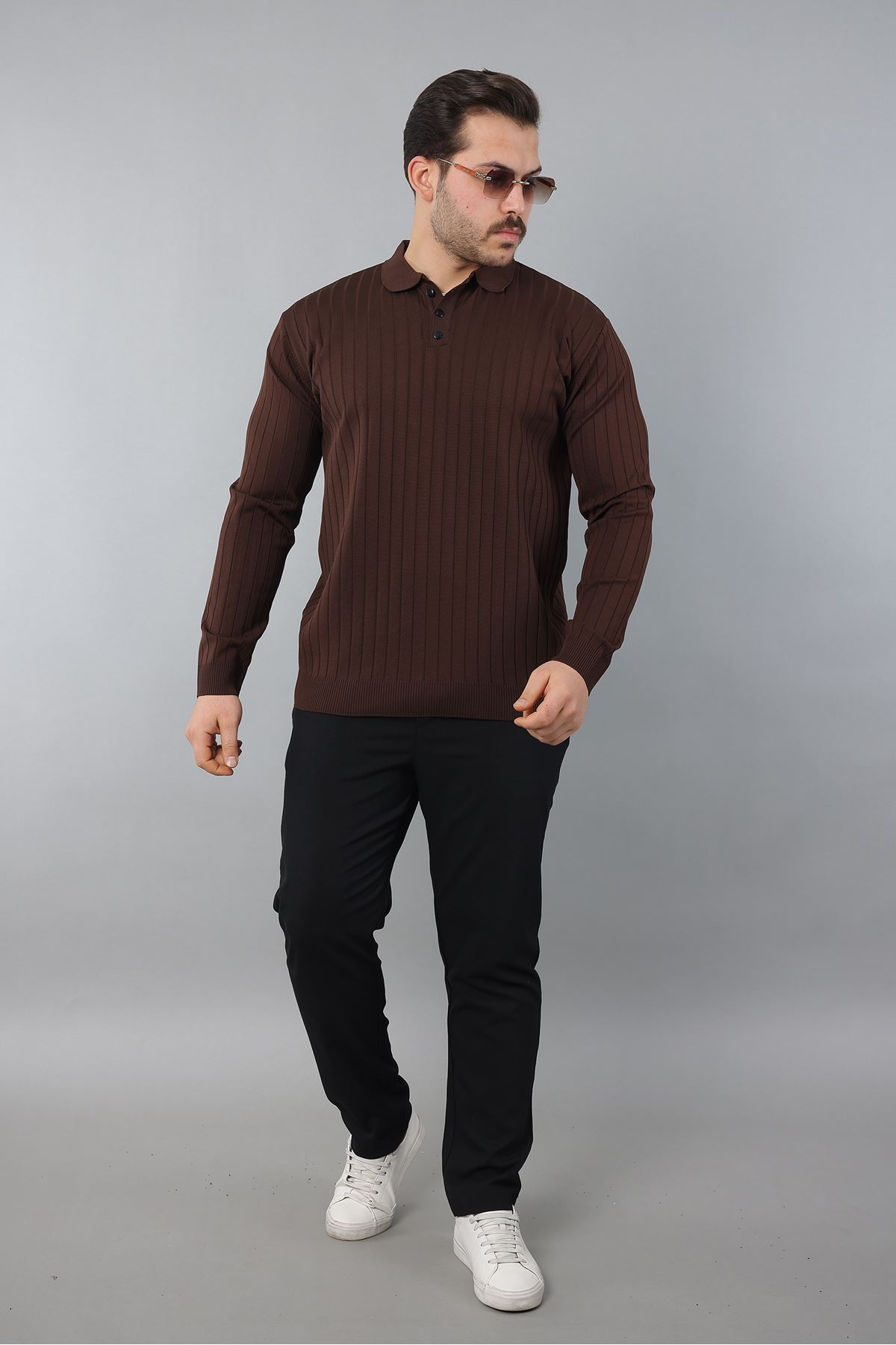 Erkek Uzun Kol Polo Yaka Düğmeli Çizgili Triko