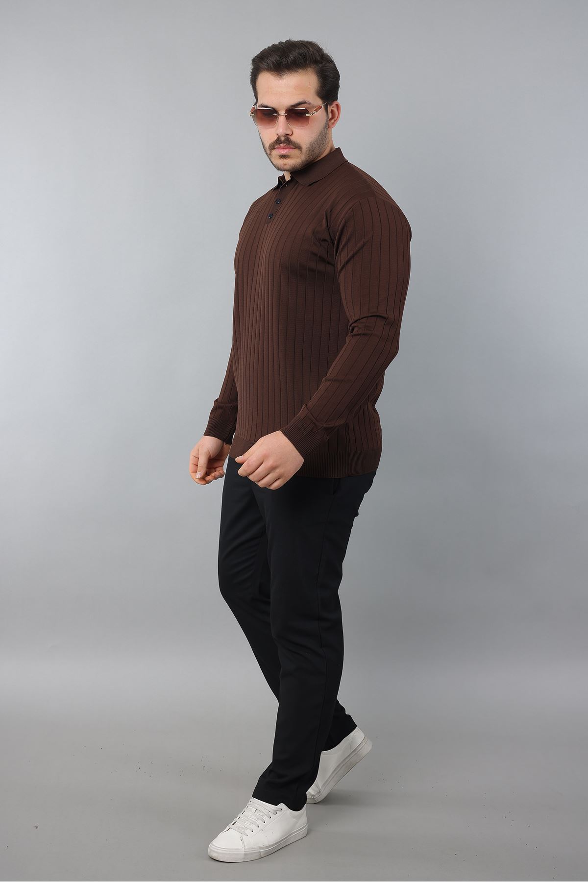 Erkek Uzun Kol Polo Yaka Düğmeli Çizgili Triko