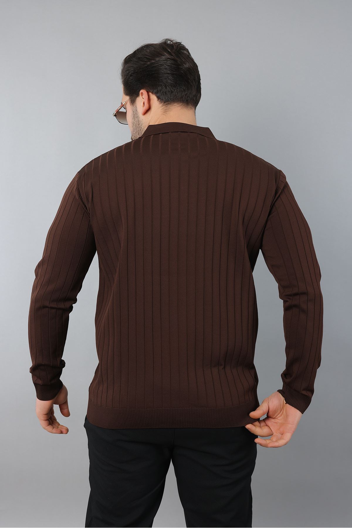 Erkek Uzun Kol Polo Yaka Düğmeli Çizgili Triko