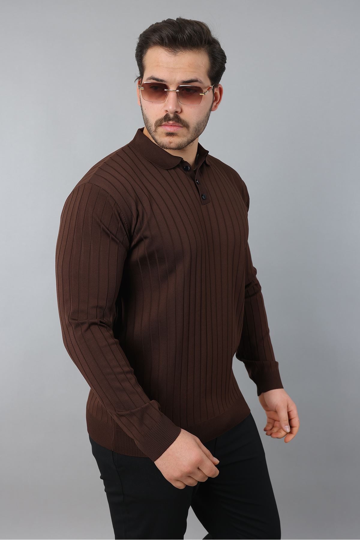 Erkek Uzun Kol Polo Yaka Düğmeli Çizgili Triko