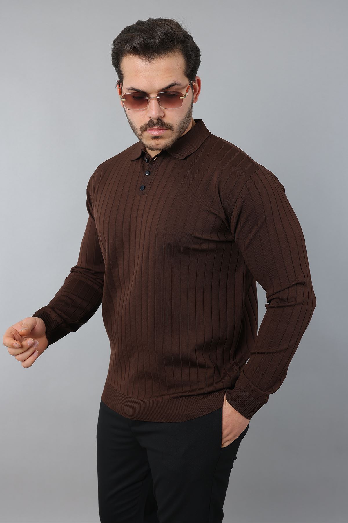 Erkek Uzun Kol Polo Yaka Düğmeli Çizgili Triko