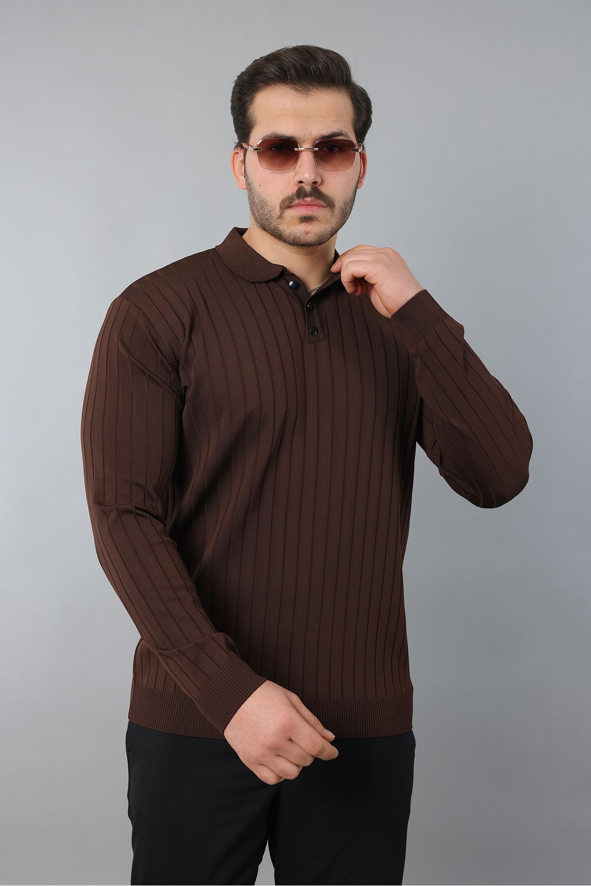 Erkek Uzun Kol Polo Yaka Düğmeli Çizgili Triko