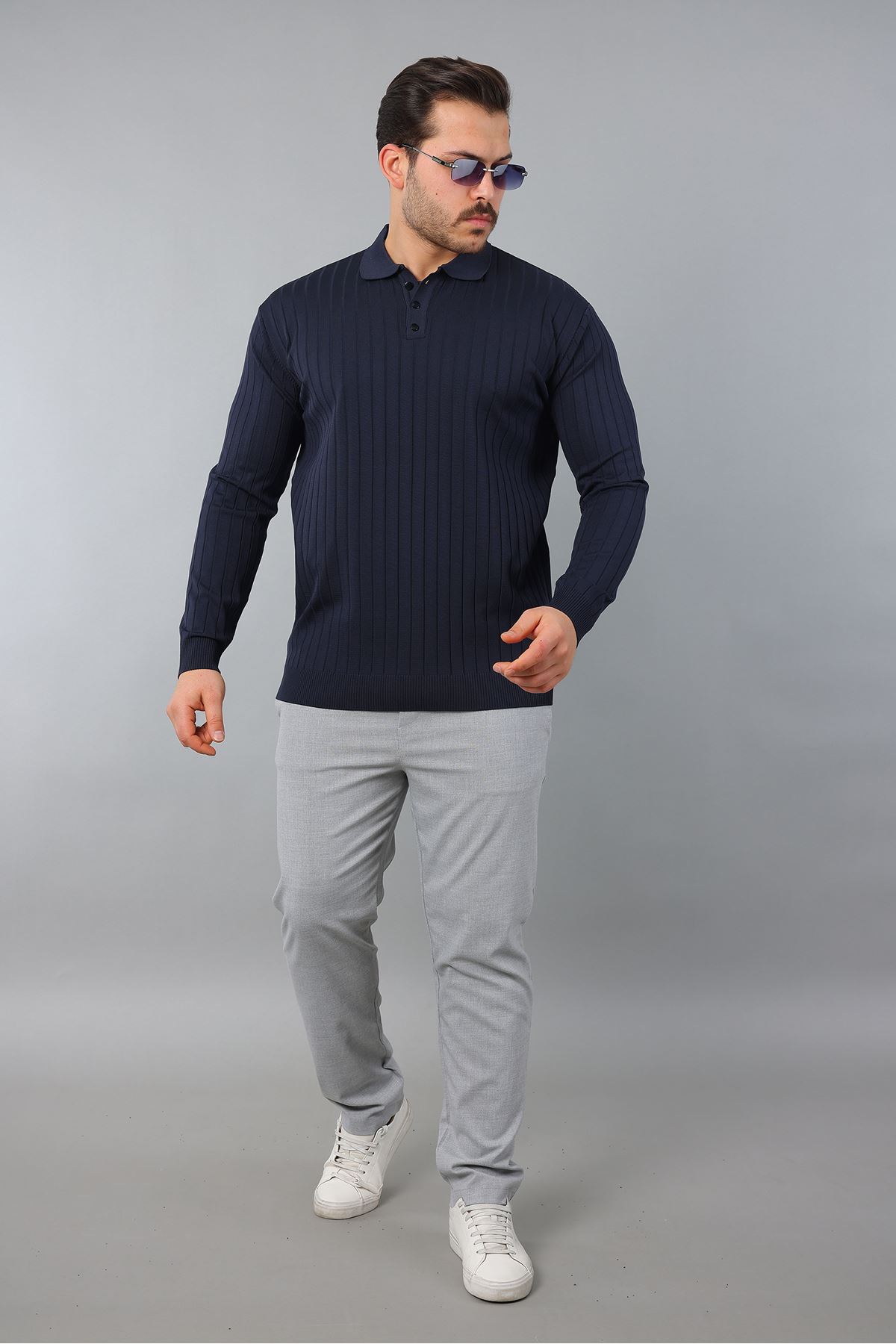 Erkek Uzun Kol Polo Yaka Düğmeli Çizgili Triko