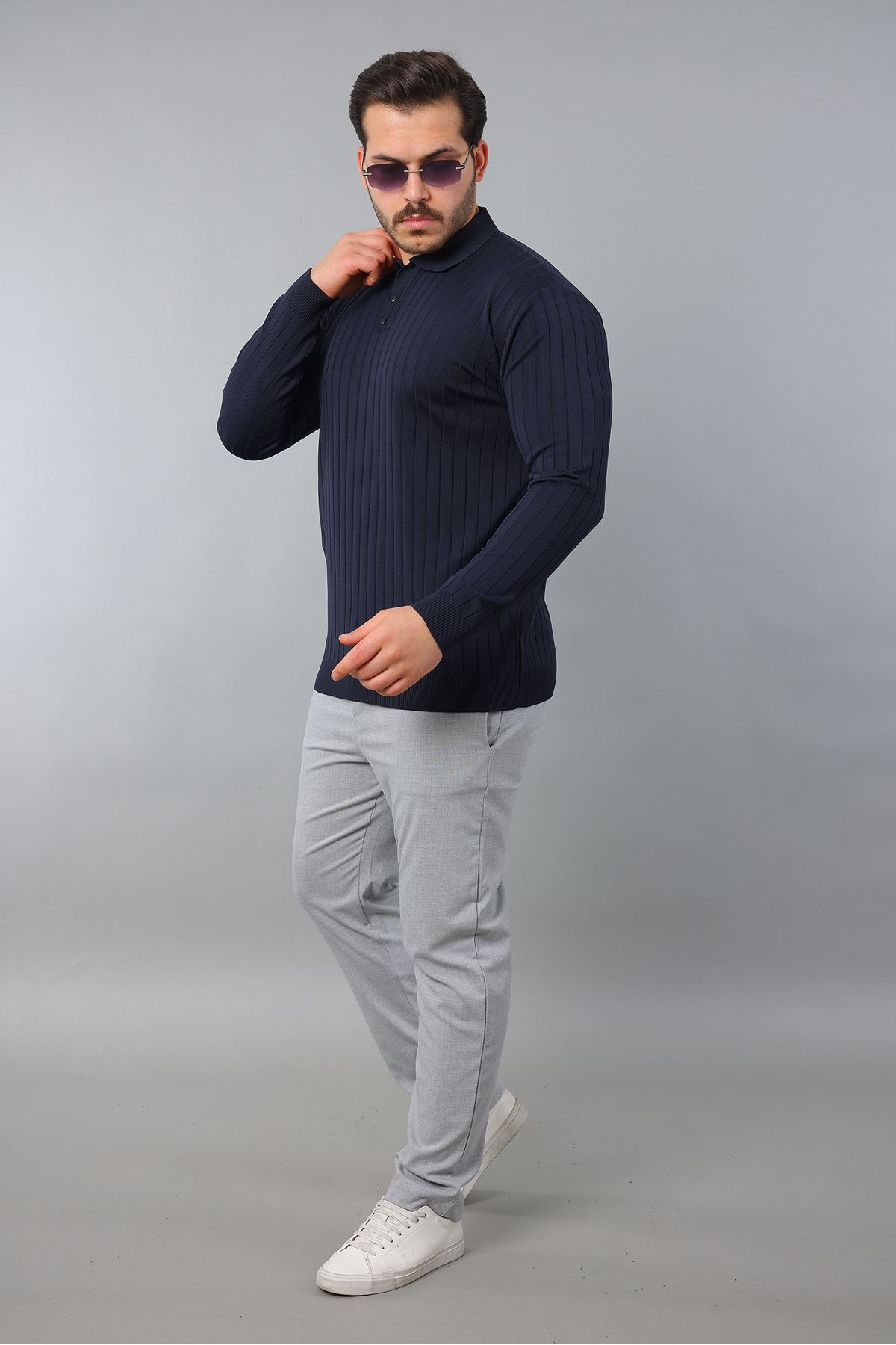 Erkek Uzun Kol Polo Yaka Düğmeli Çizgili Triko